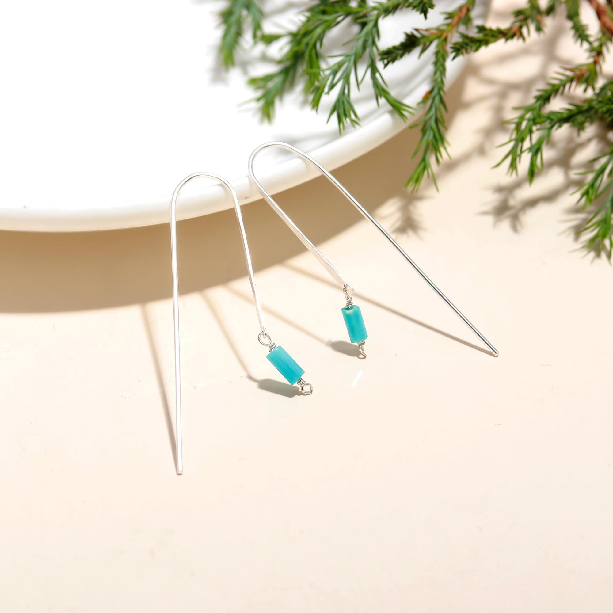 925 Silver Turquoise Long Hook Earrings
