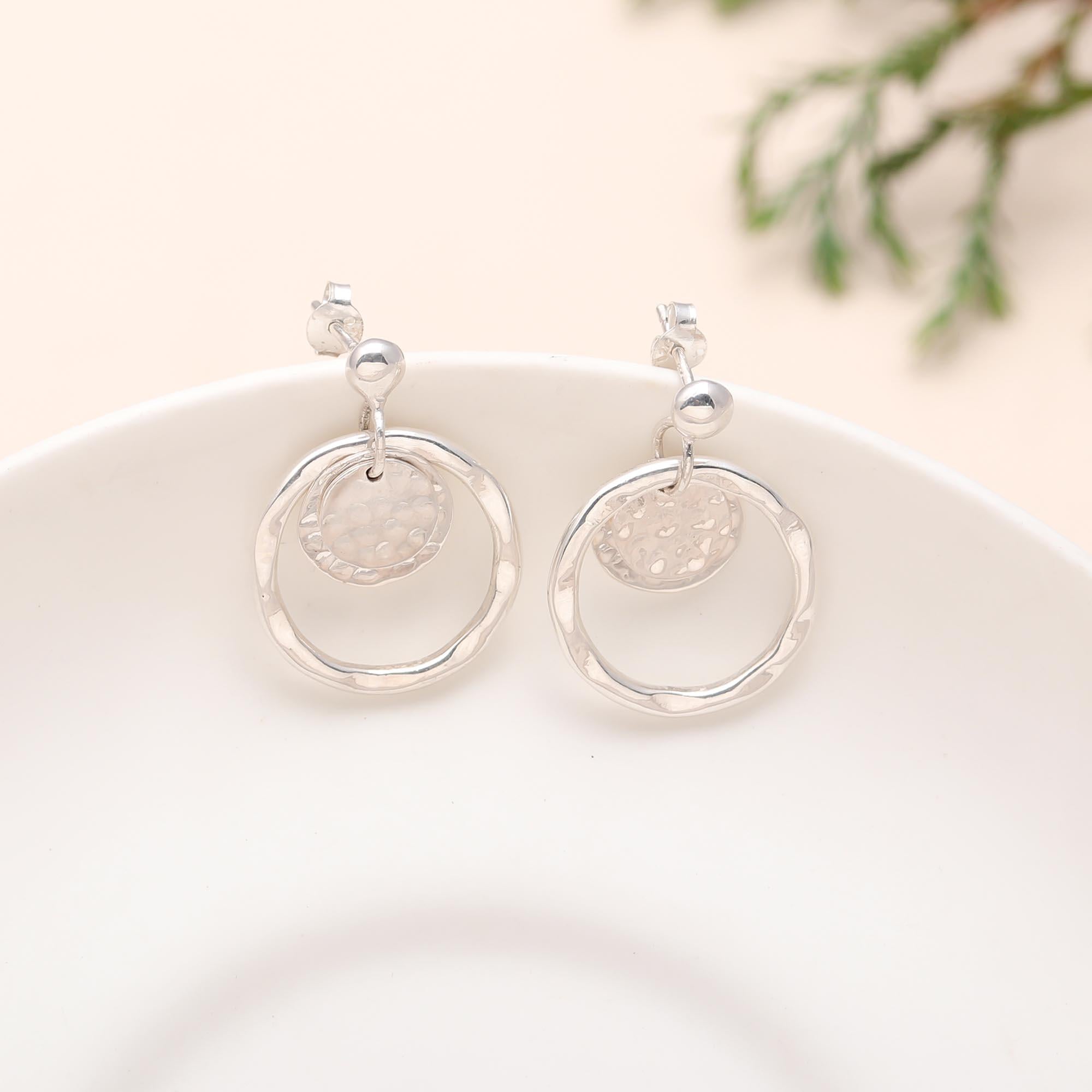 925 Silver Double Circle Drop Earrings
