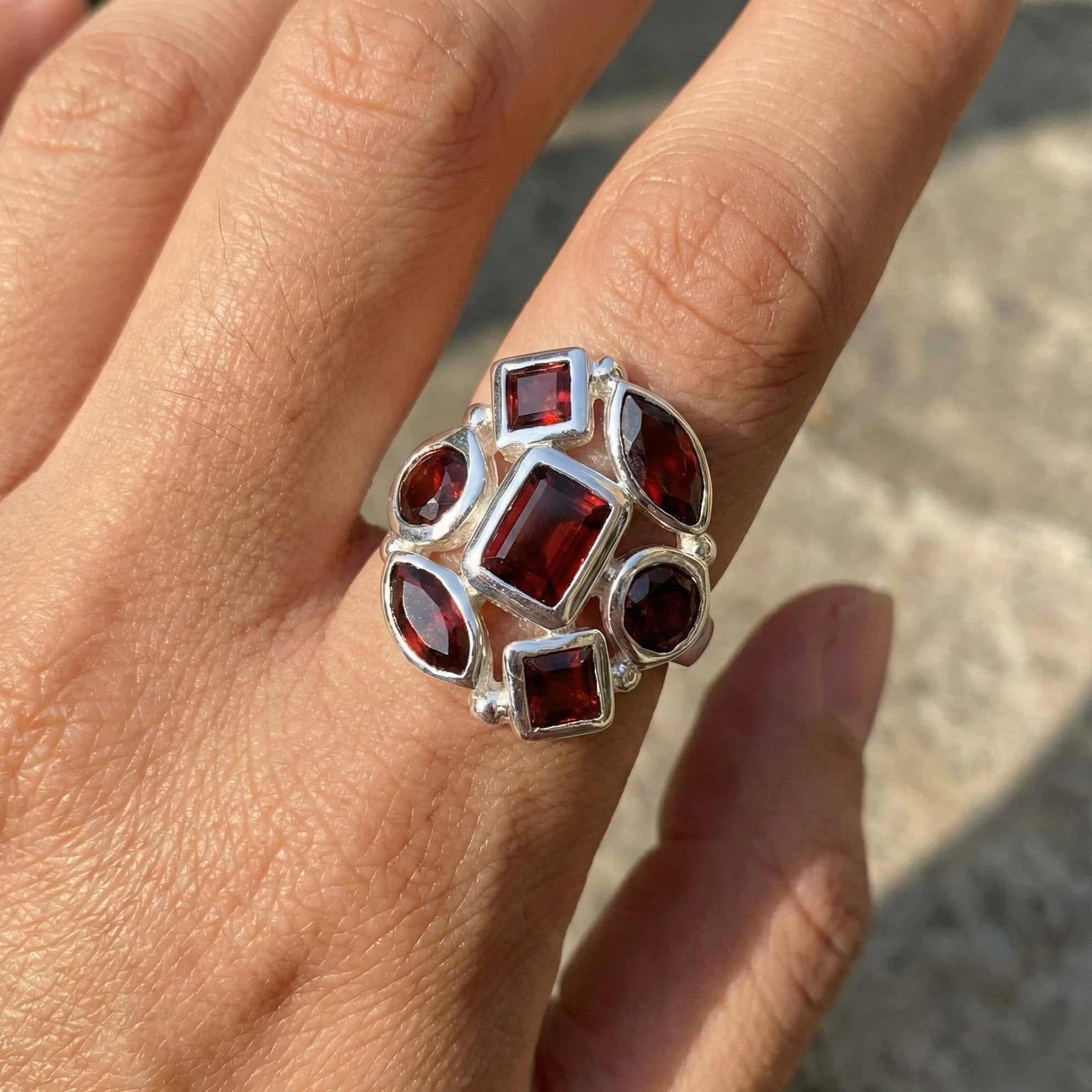 The Red Collage: Multi-Shape Garnet Cluster Ring