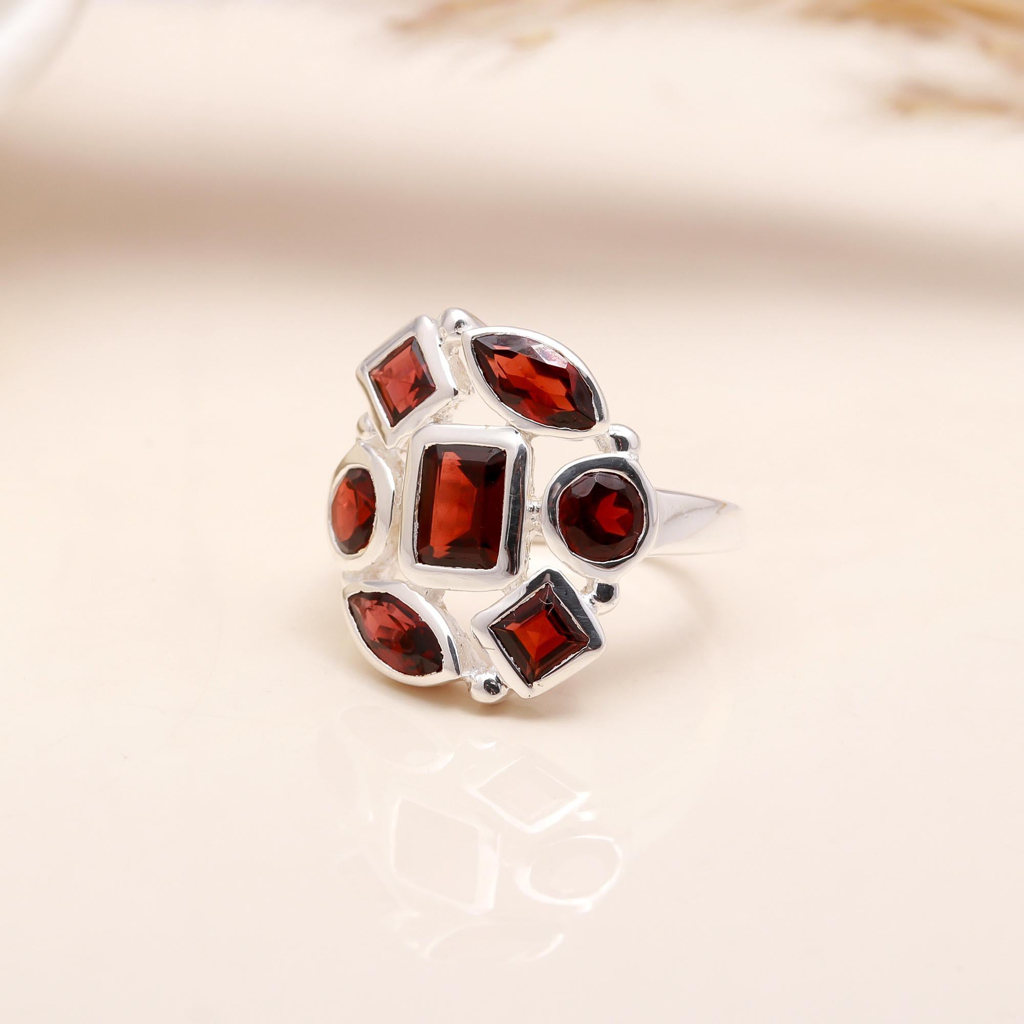 The Red Collage: Multi-Shape Garnet Cluster Ring