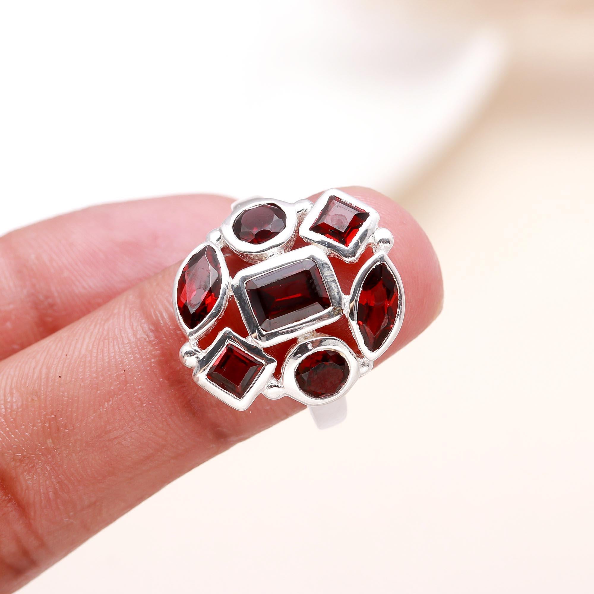 The Red Collage: Multi-Shape Garnet Cluster Ring