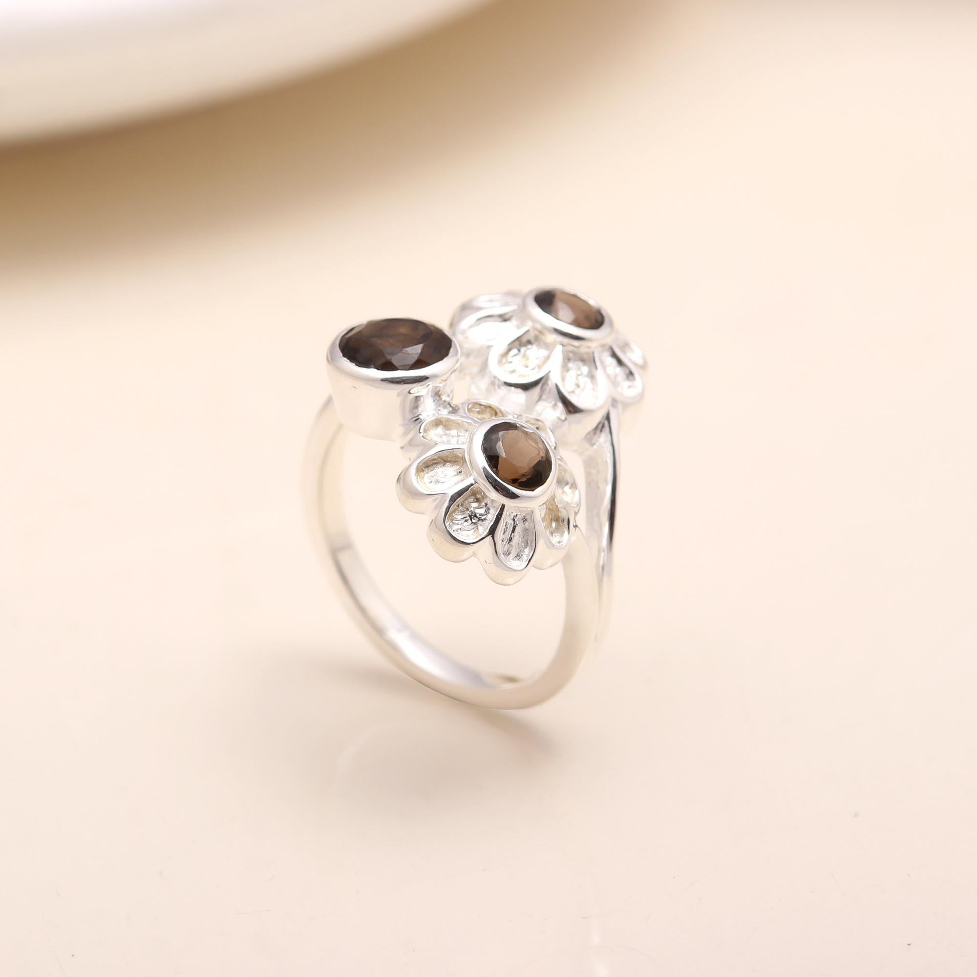 The Earthy Bloom: Smoky Quartz Flower Trio