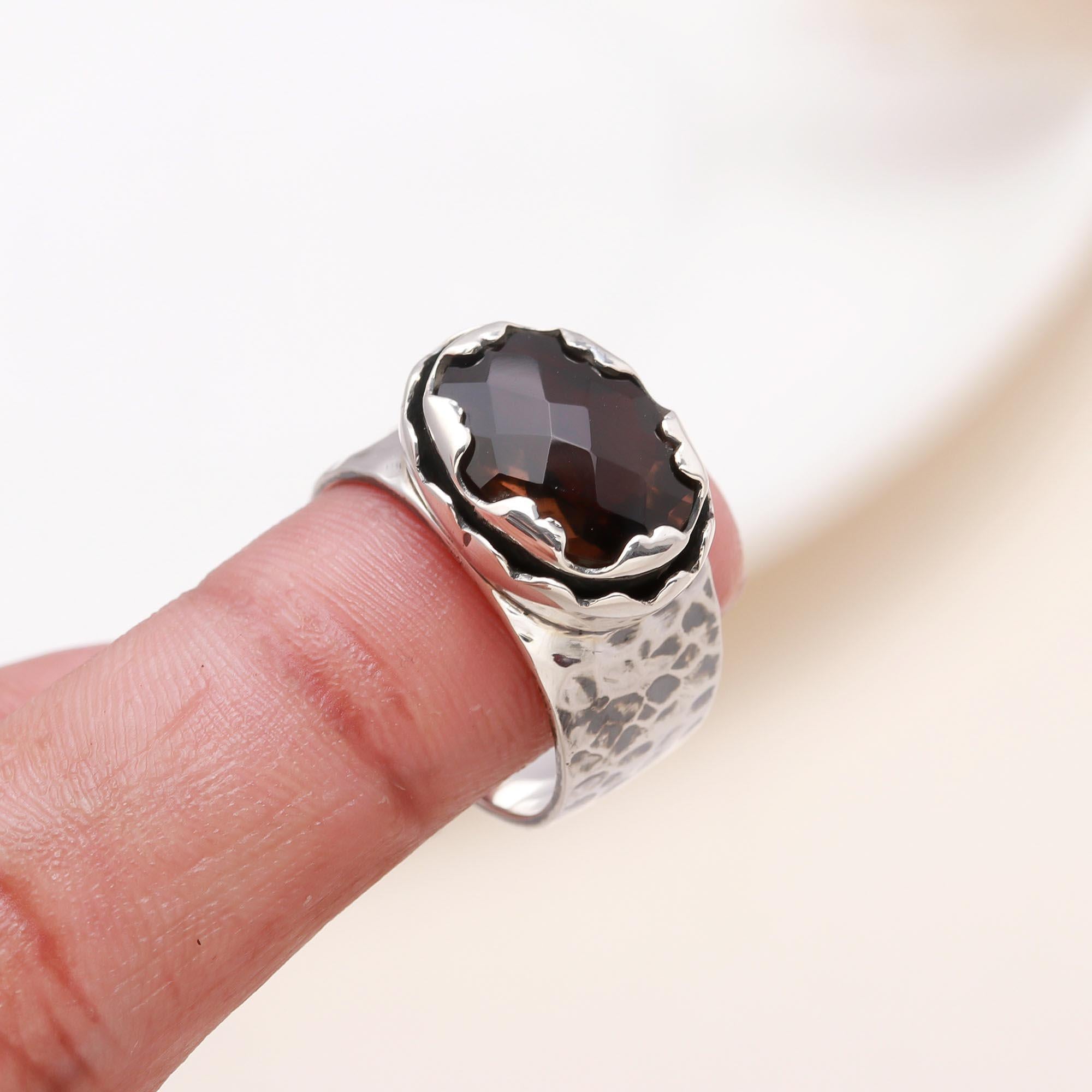 The Rustic Scallop: Textured Band Smoky Quartz Ring