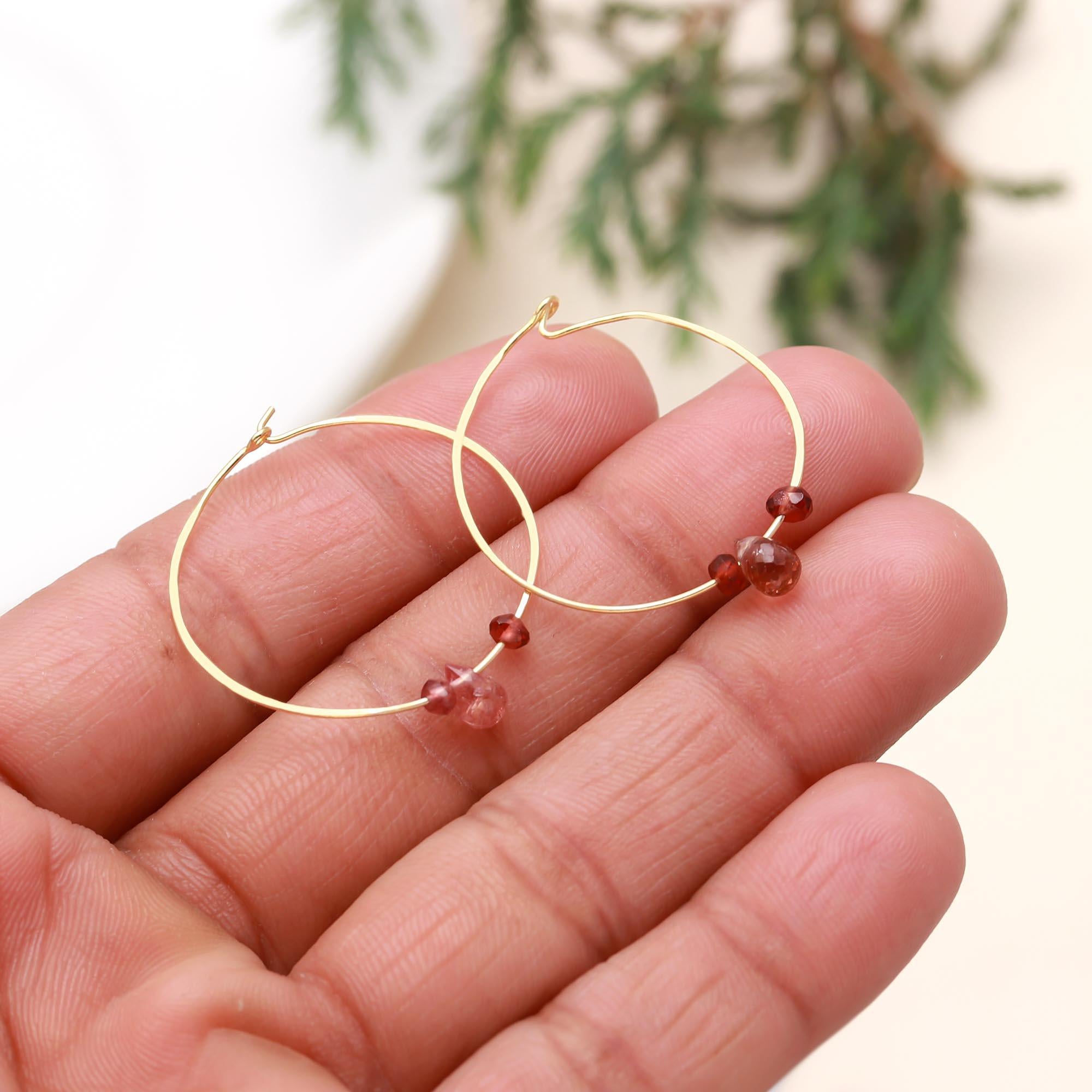 925 Sterling Silver Red Gemstone Hoop Earrings, Handmade Minimalist Hoops