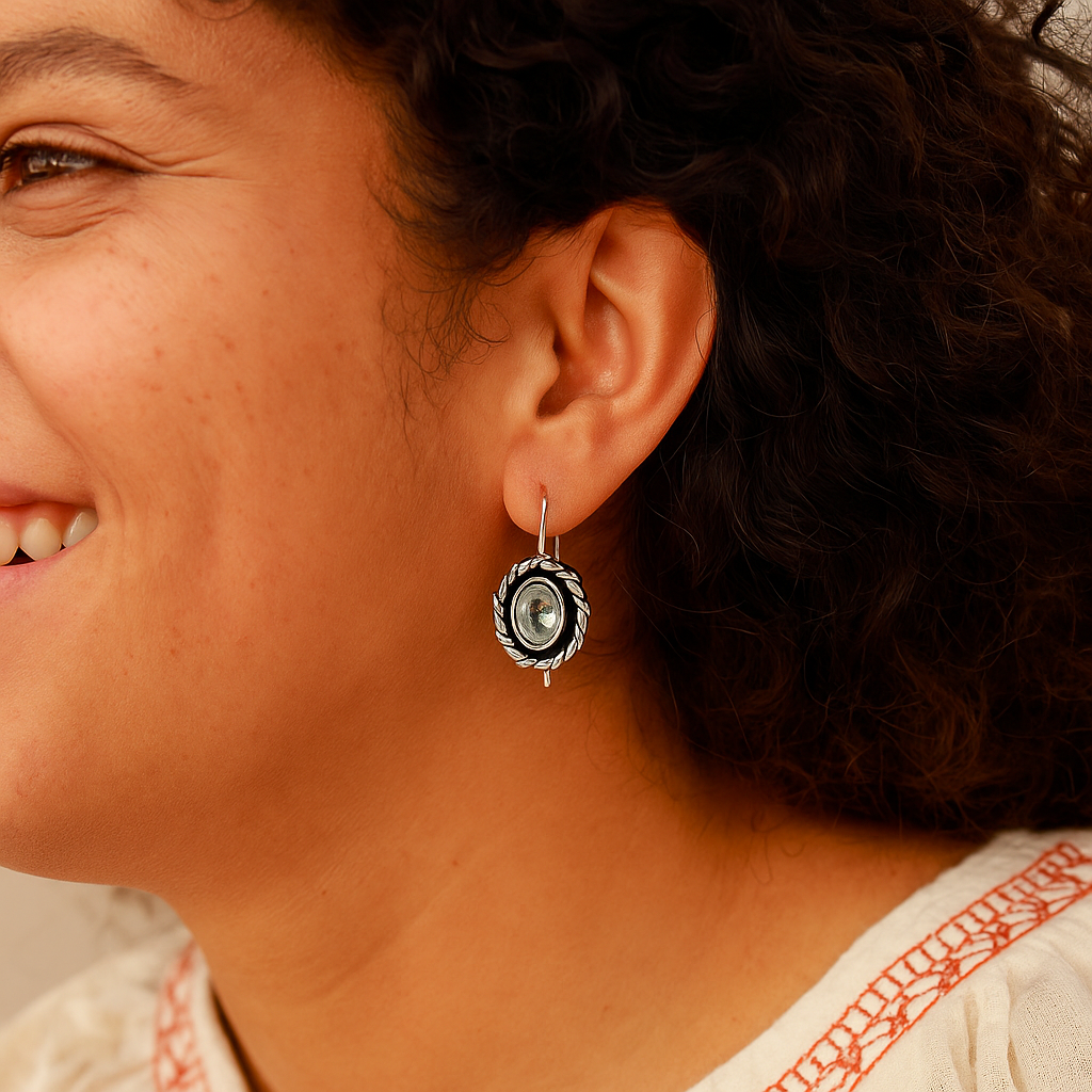 925 Silver Aquamarine Rope Frame Dangle Earrings