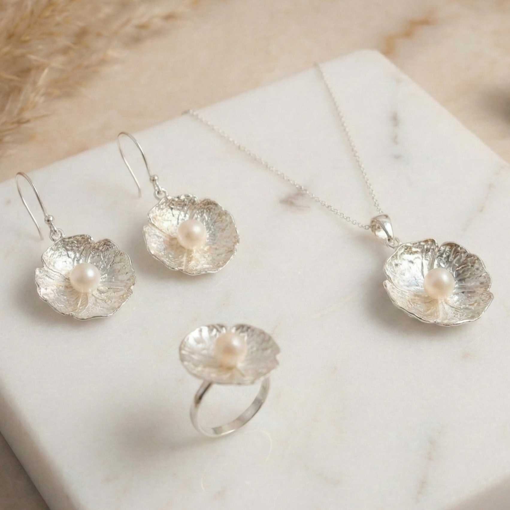 The Hammered Blossom: Pearl Floral Trio Set