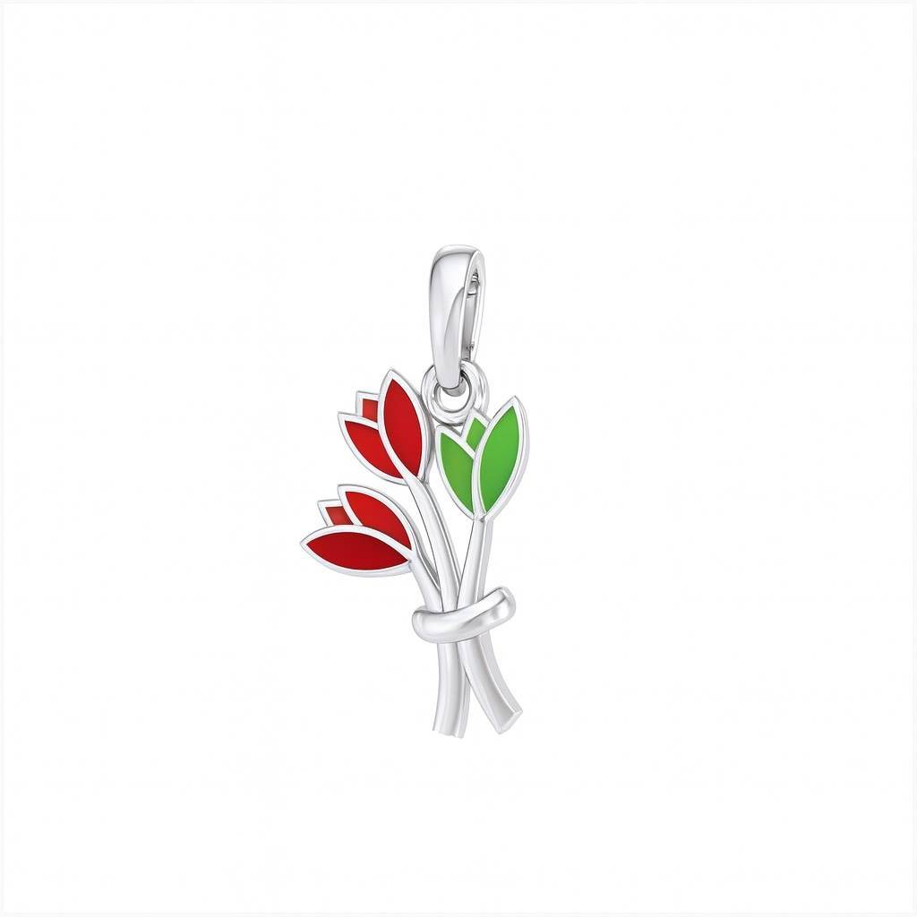 925 Sterling Silver Red & Green Enamel Floral Charm Tulip Pendant