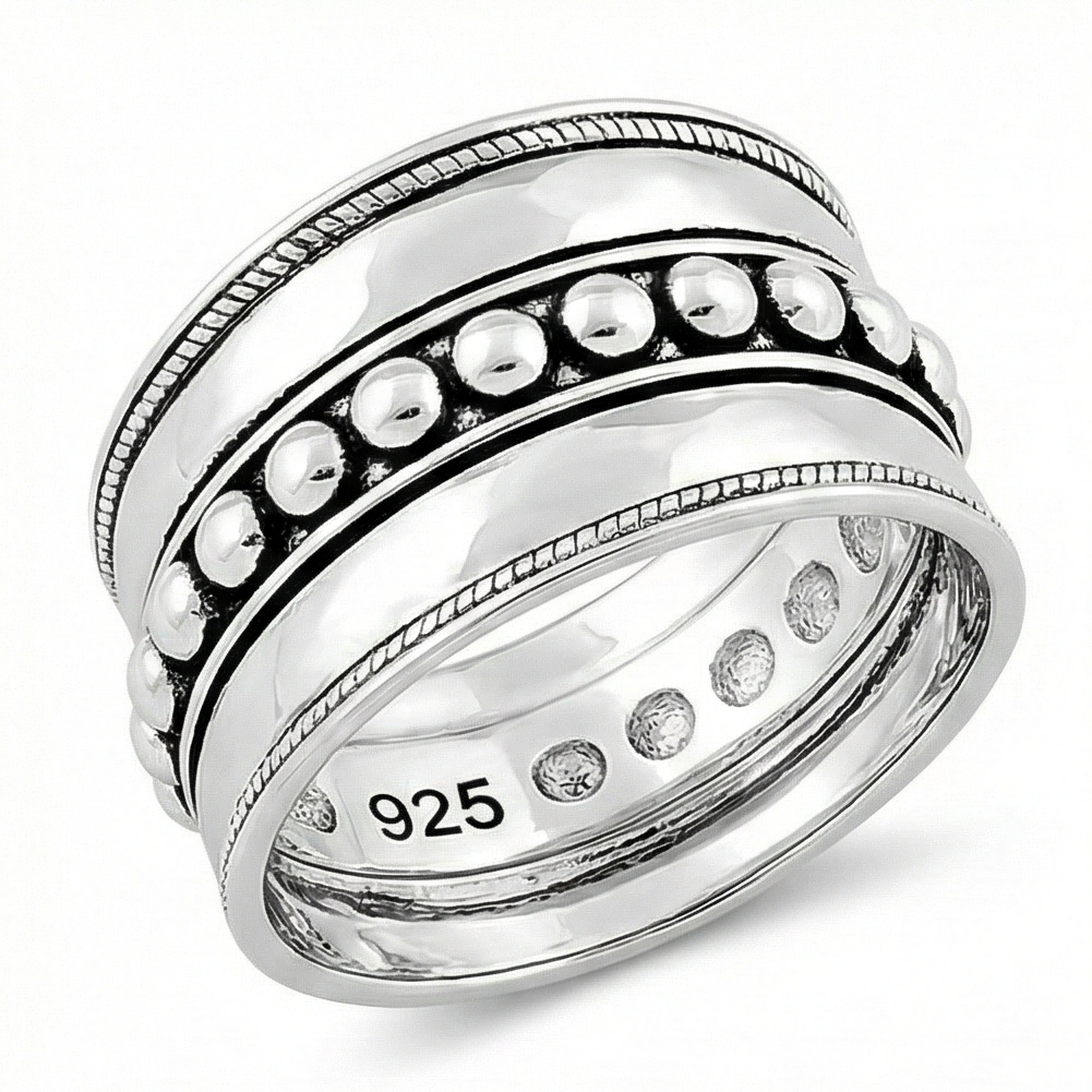 The Bali Bead: Wide Band Beaded Silver Ring