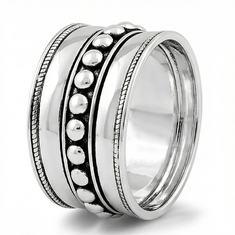 The Bali Bead: Wide Band Beaded Silver Ring