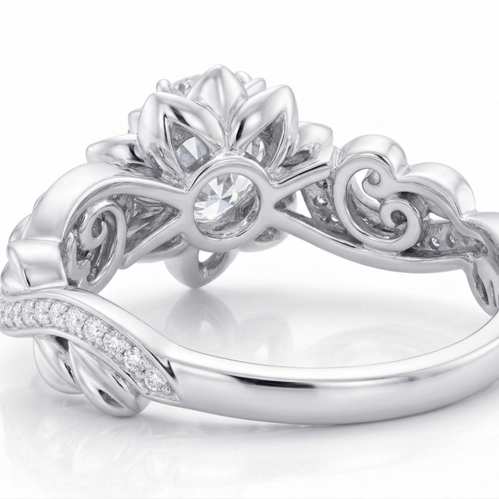 The Blooming Lotus: 0.70ct Round Moissanite Floral Engagement Ring