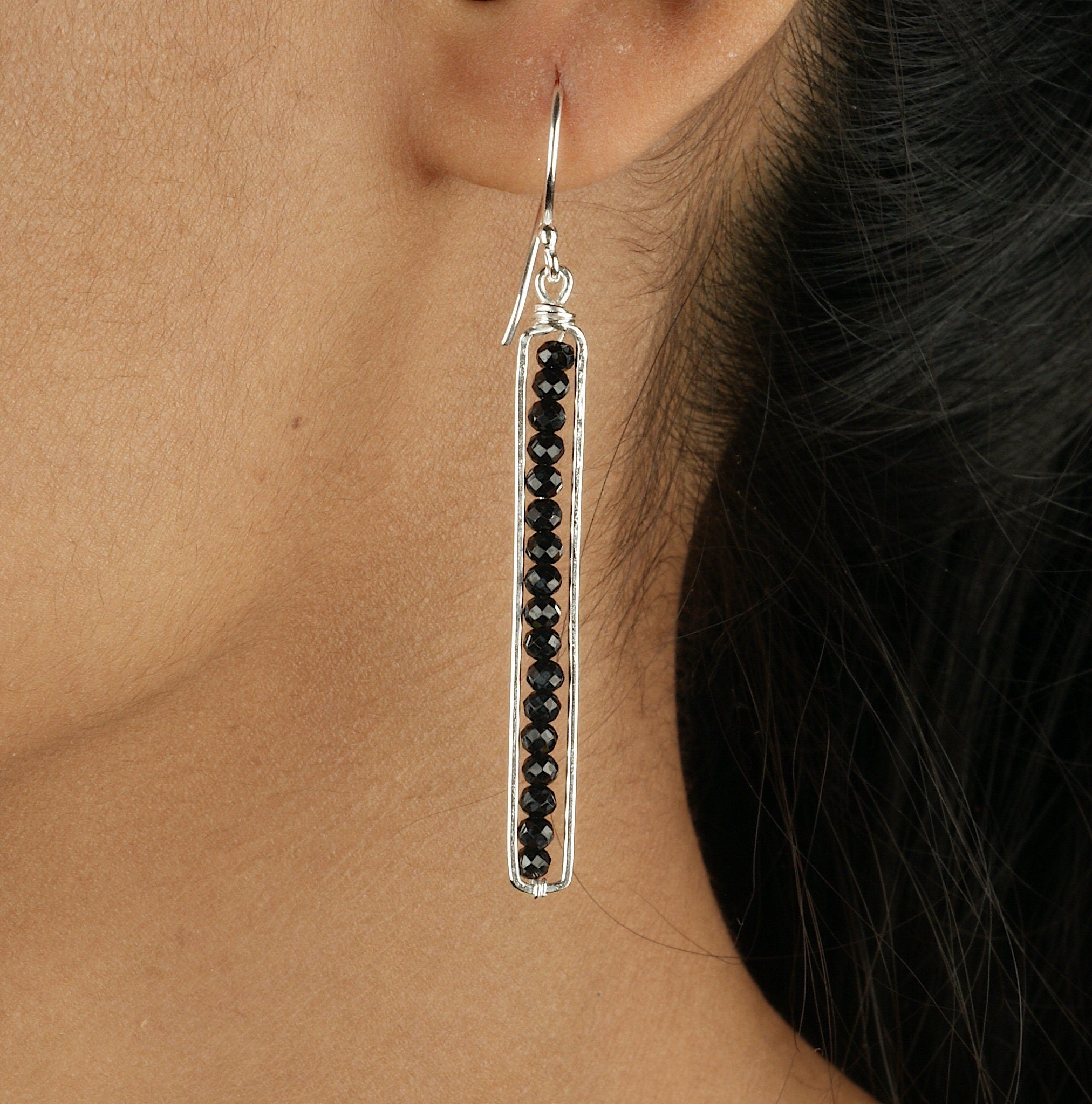 925 Sterling Silver Peapod Black Onyx Faceted Round Beads Earrings