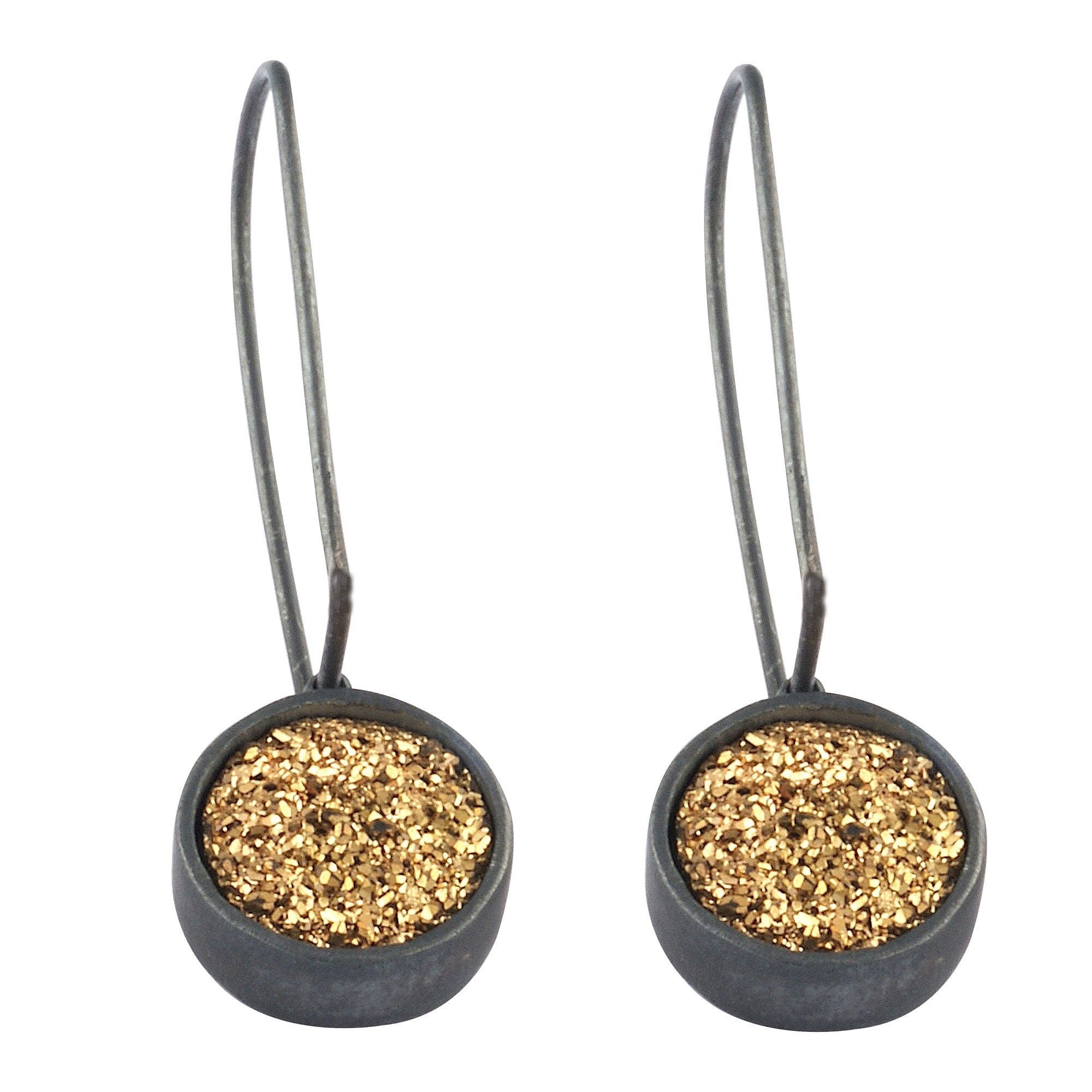 Solid 925 Sterling Silver Titanium Gold Round Drusy Earring