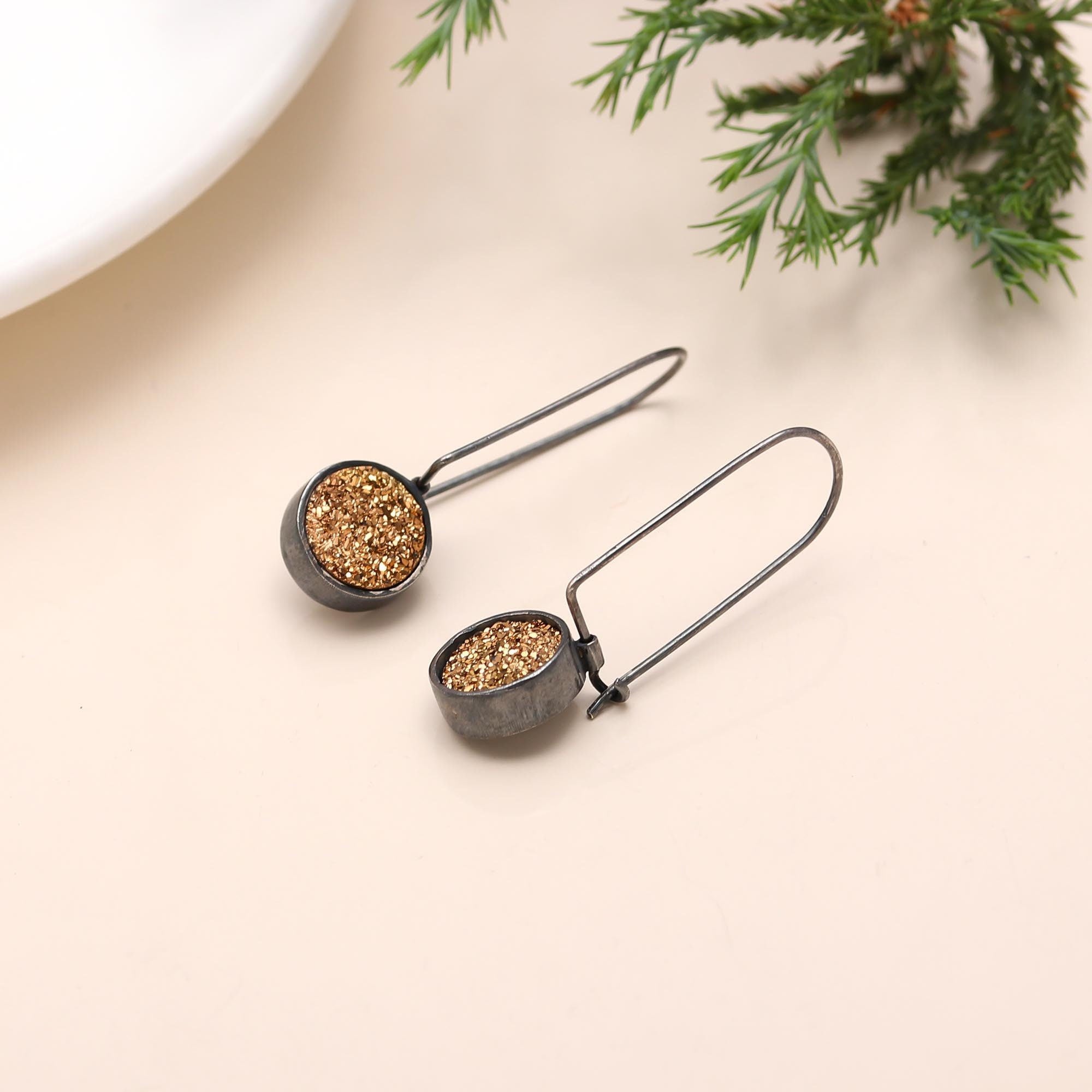 Solid 925 Sterling Silver Titanium Gold Round Drusy Earring