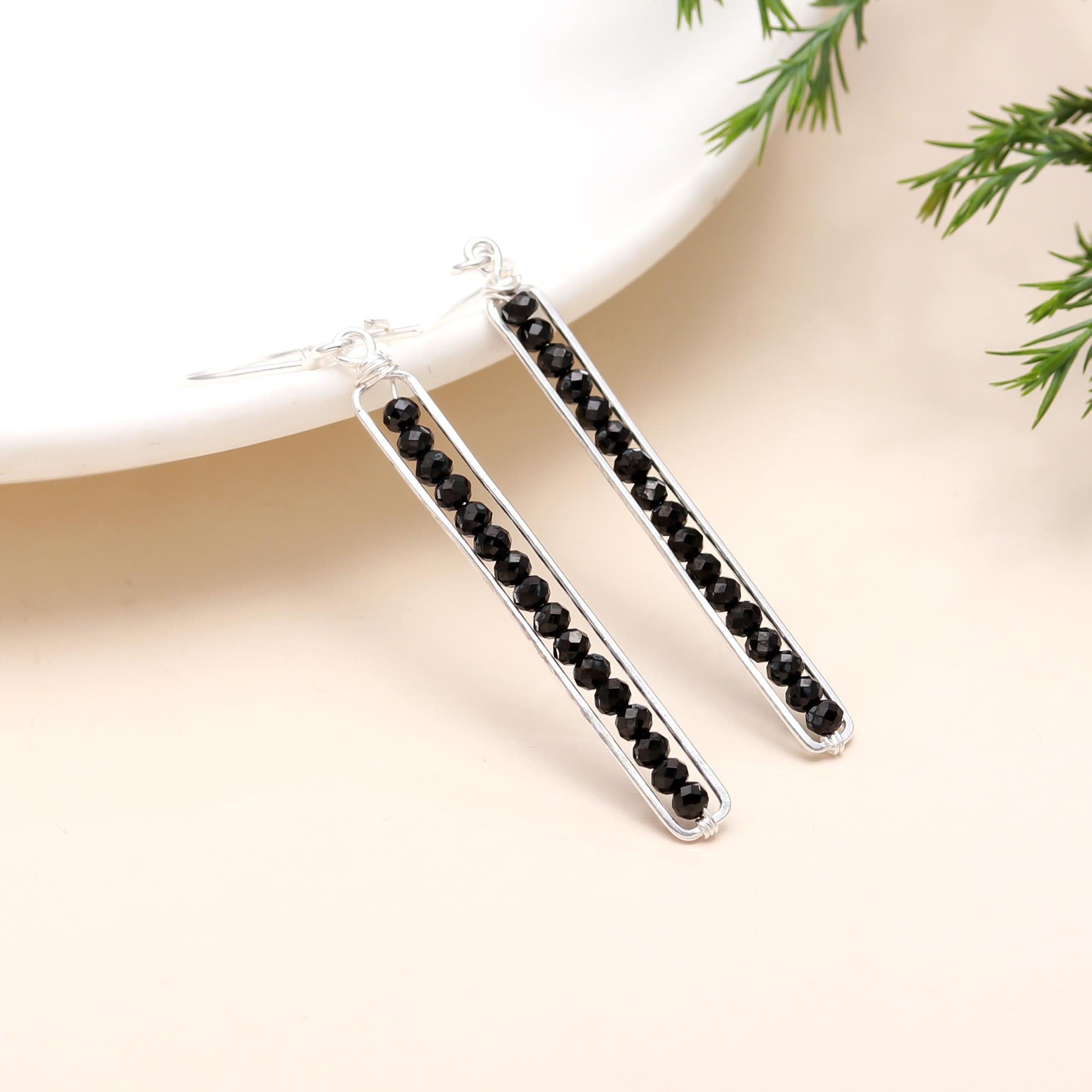 925 Sterling Silver Peapod Black Onyx Faceted Round Beads Earrings