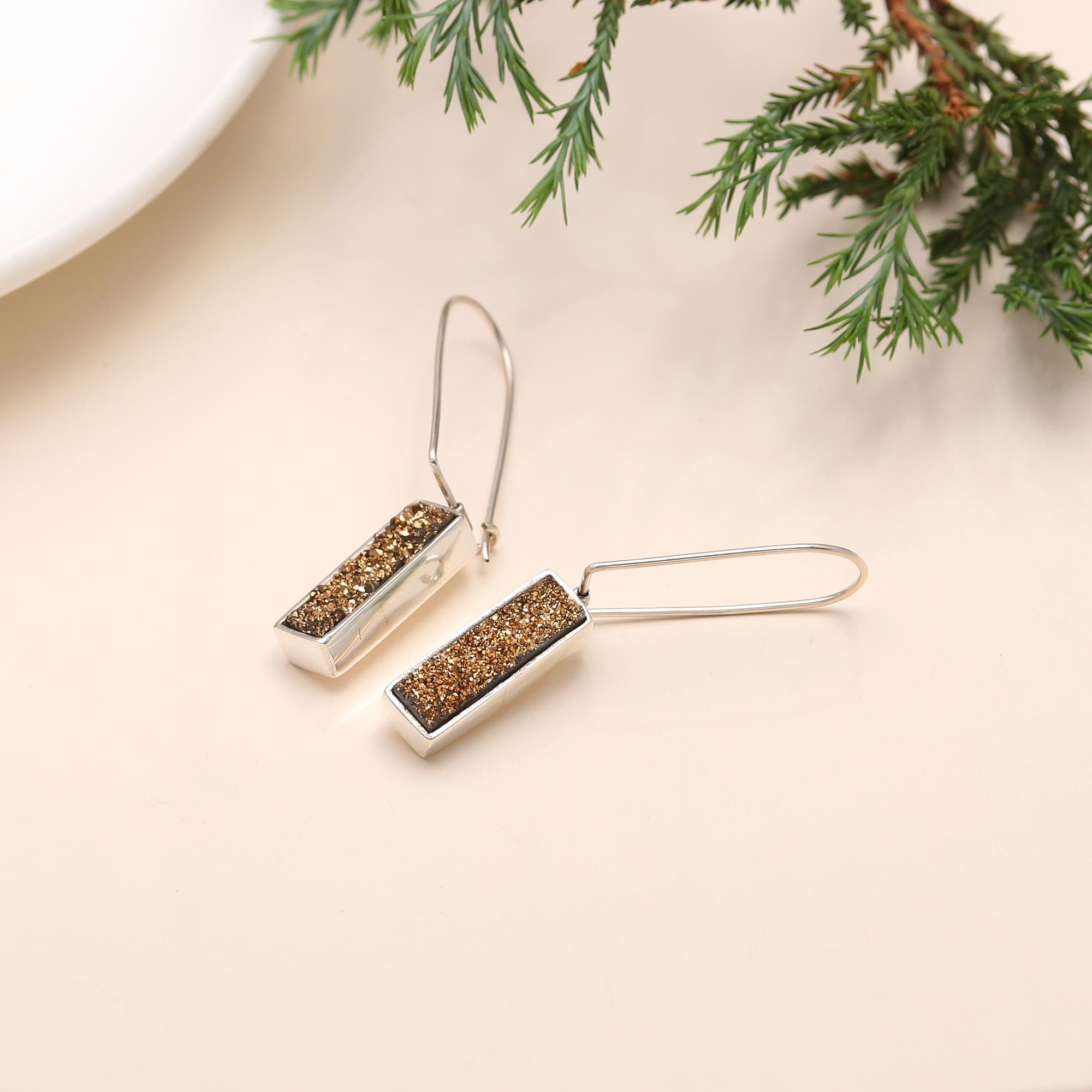 The Gilded Galaxy: Titanium Gold Drusy & Silver Bar Earrings