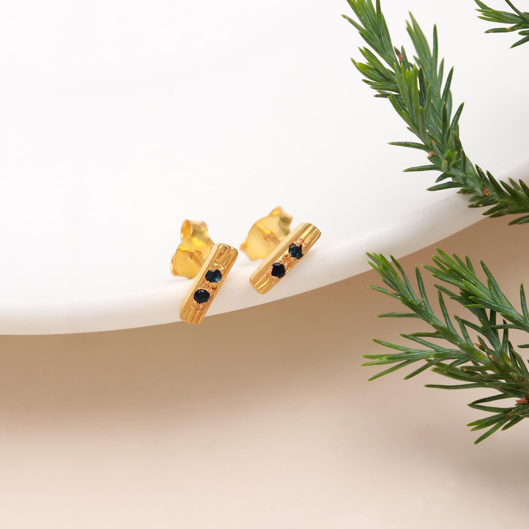 The Gilded Stripe: Textured Gold & Blue Sapphire Bar Studs
