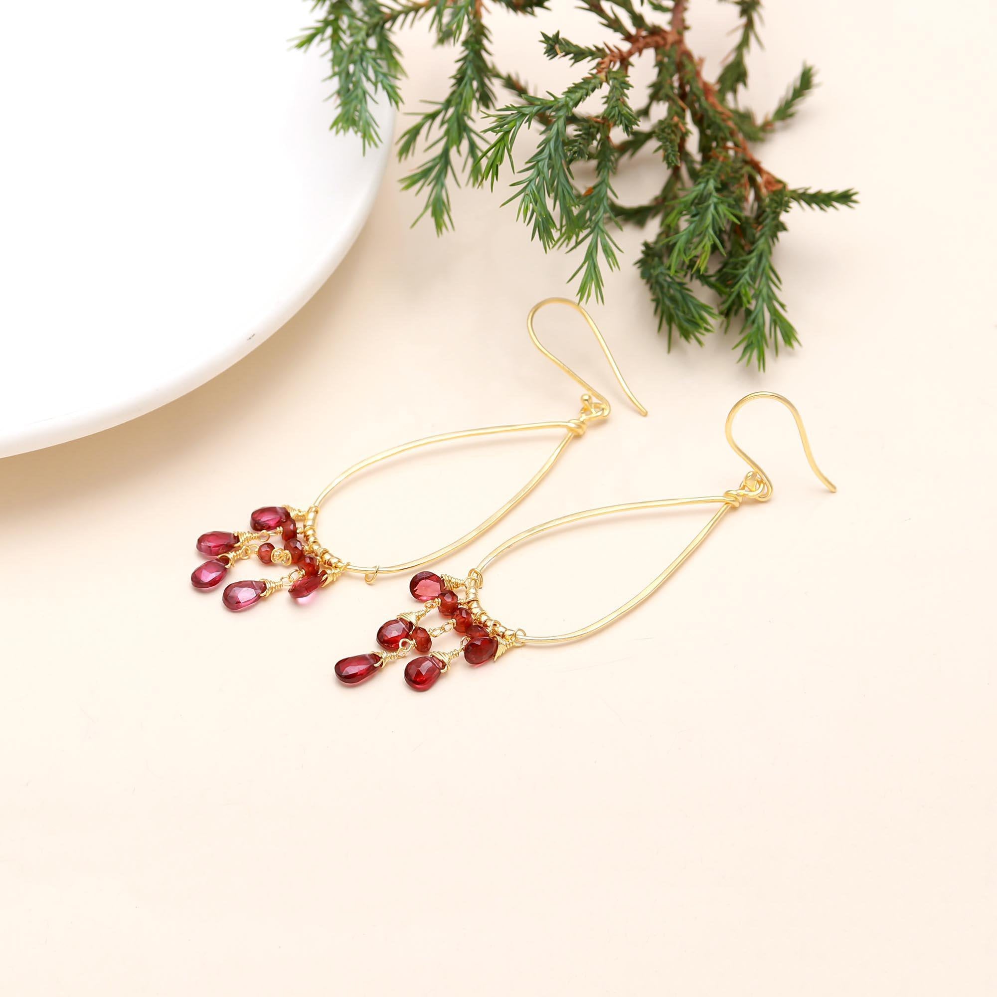 The Scarlet Cascade: Garnet & Gold Teardrop Earrings