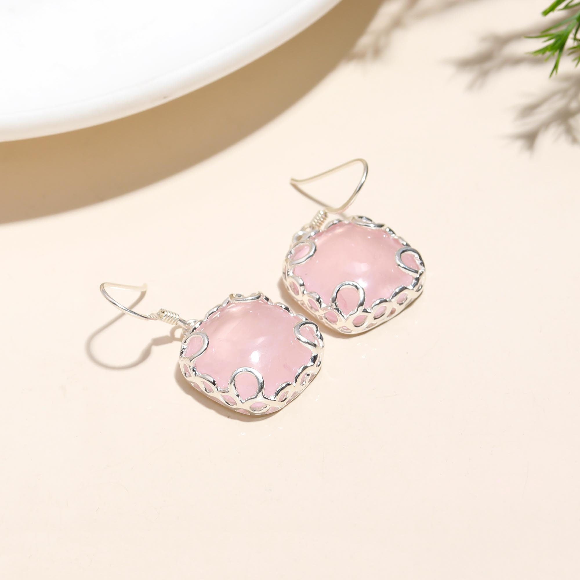 Solid 925 Silver Rose Quartz Earrings with Earwire