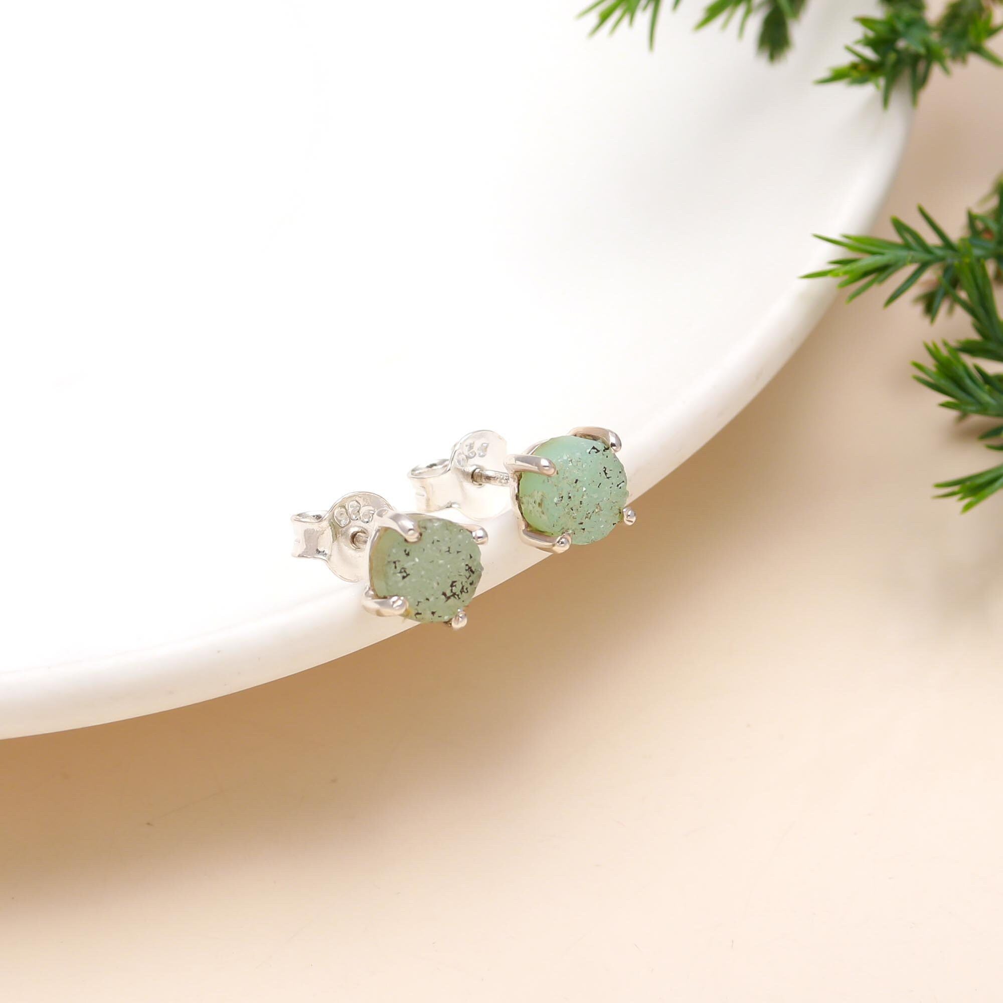 The Mint Stardust: Green Druzy & Silver Stud Earrings