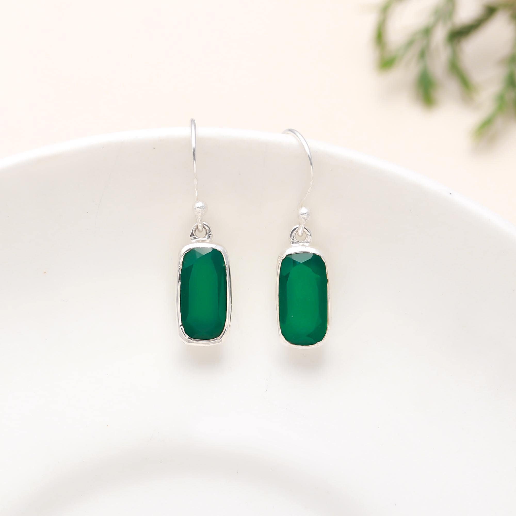 Green Onyx & Emerald Dangle Earrings in Sterling Silver