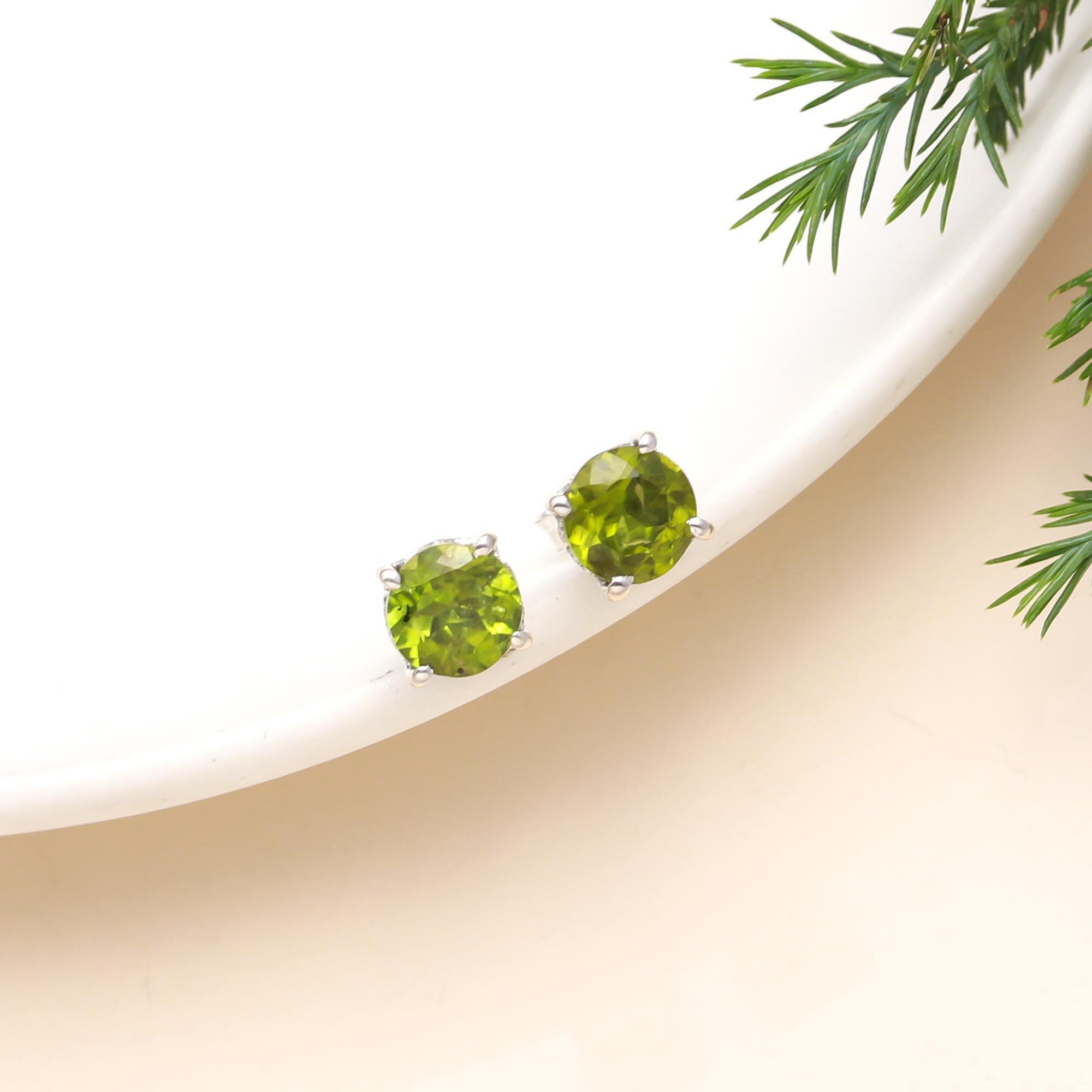 The Verdant Spark: Peridot Solitaire Silver Stud Earrings