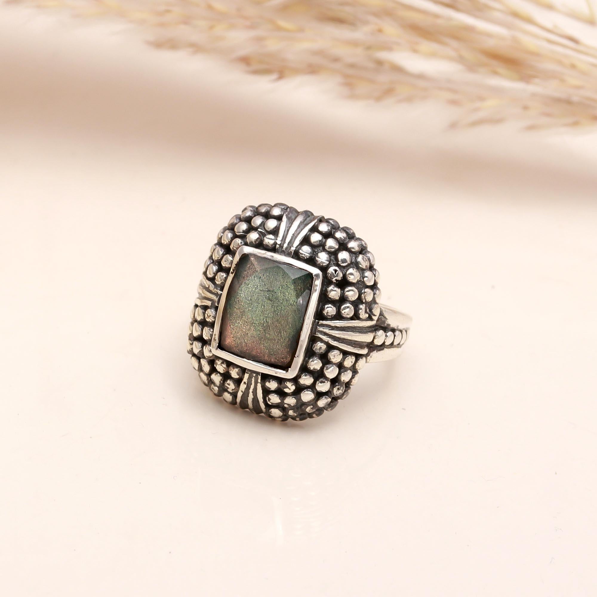 Square Labradorite: Vintage Granulation Statement Ring