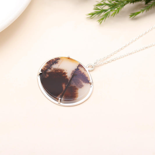 925 Sterling Silver Scenic Dendrite Agate Pendant Necklace