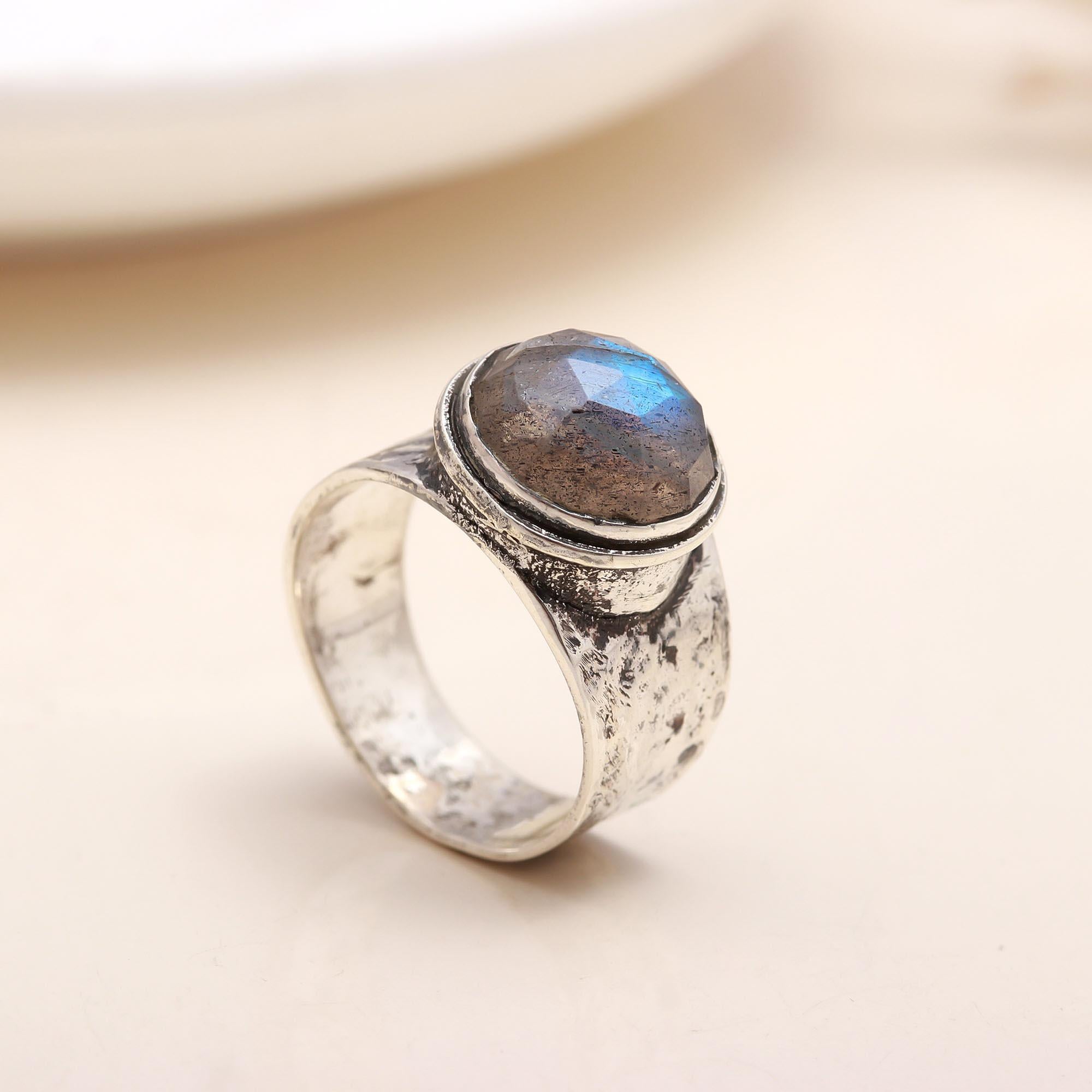 Round Labradorite: Wide Hammered Silver Ring