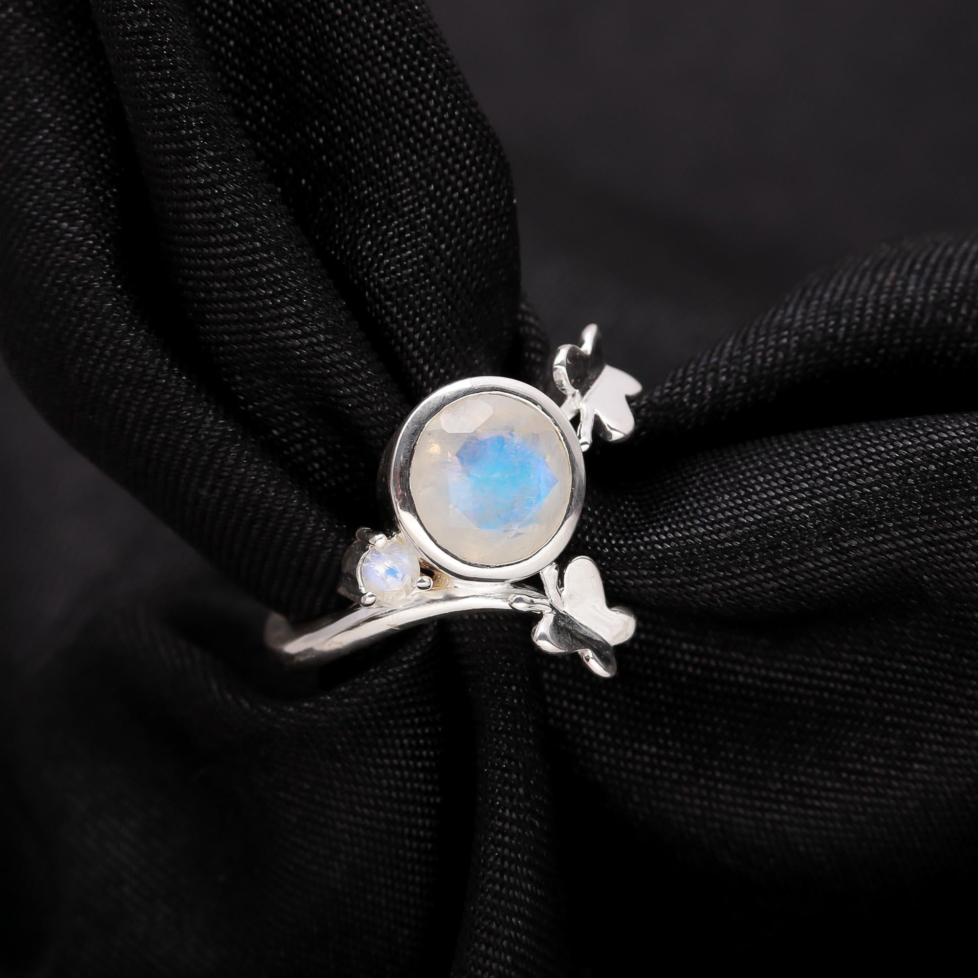 Round Moonstone: Silver Butterfly Nature Ring