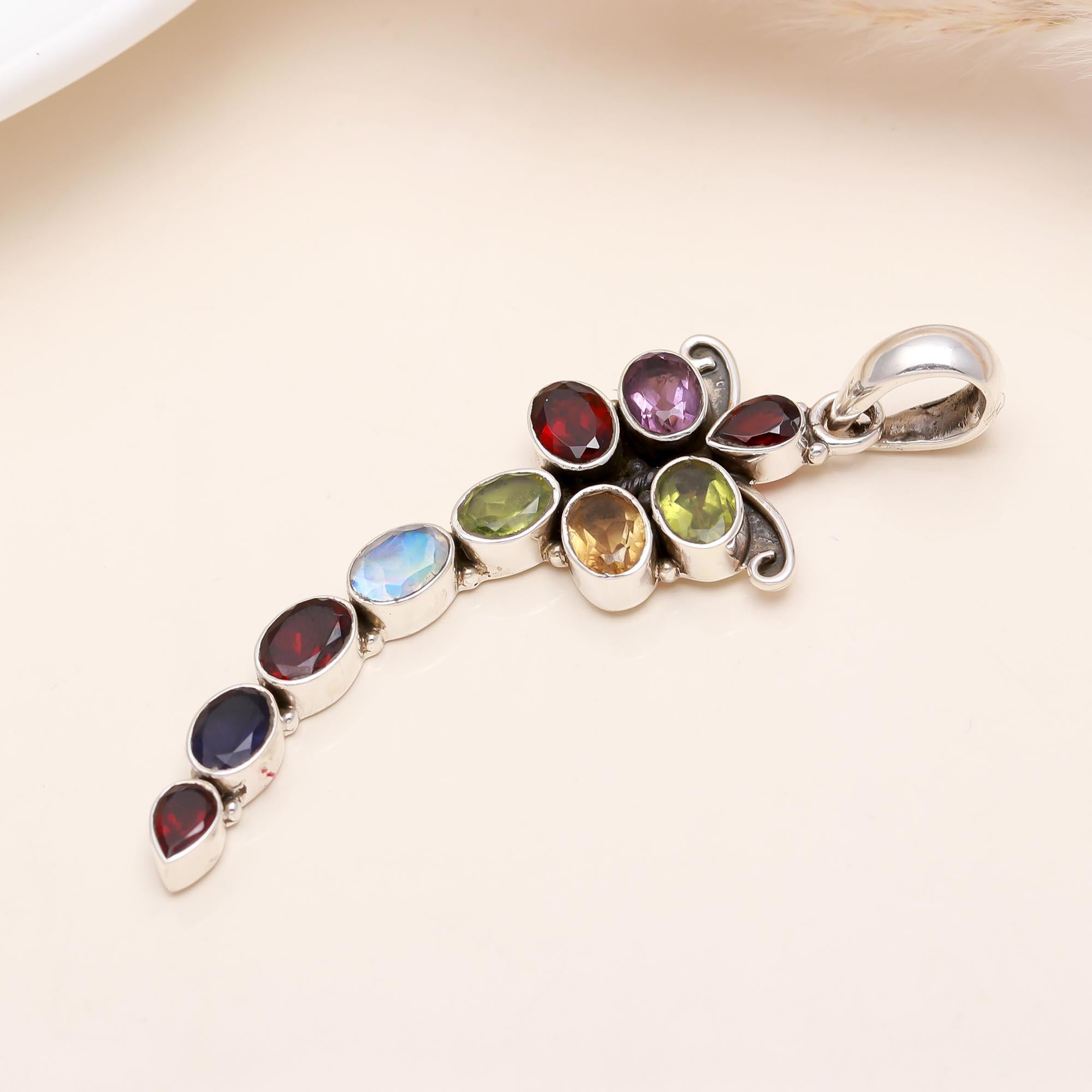 The Gemini Vivid: Multi-Gemstone Duo Bypass Silver Pendant