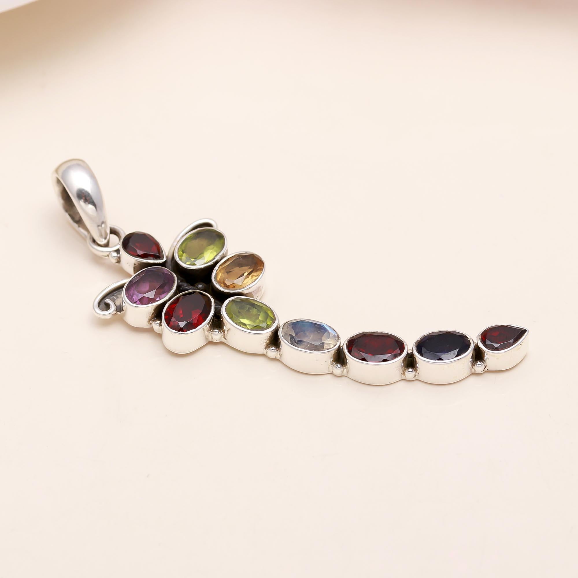 The Gemini Vivid: Multi-Gemstone Duo Bypass Silver Pendant