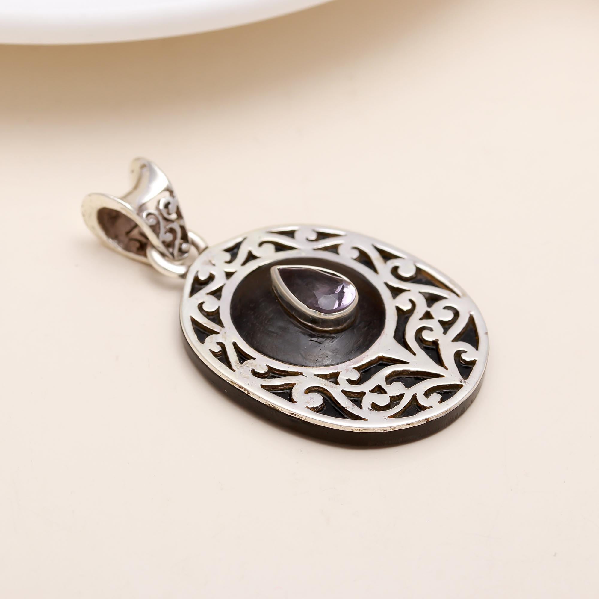 The Violet Ebony: Amethyst & Ebony Wood Silver Pendant
