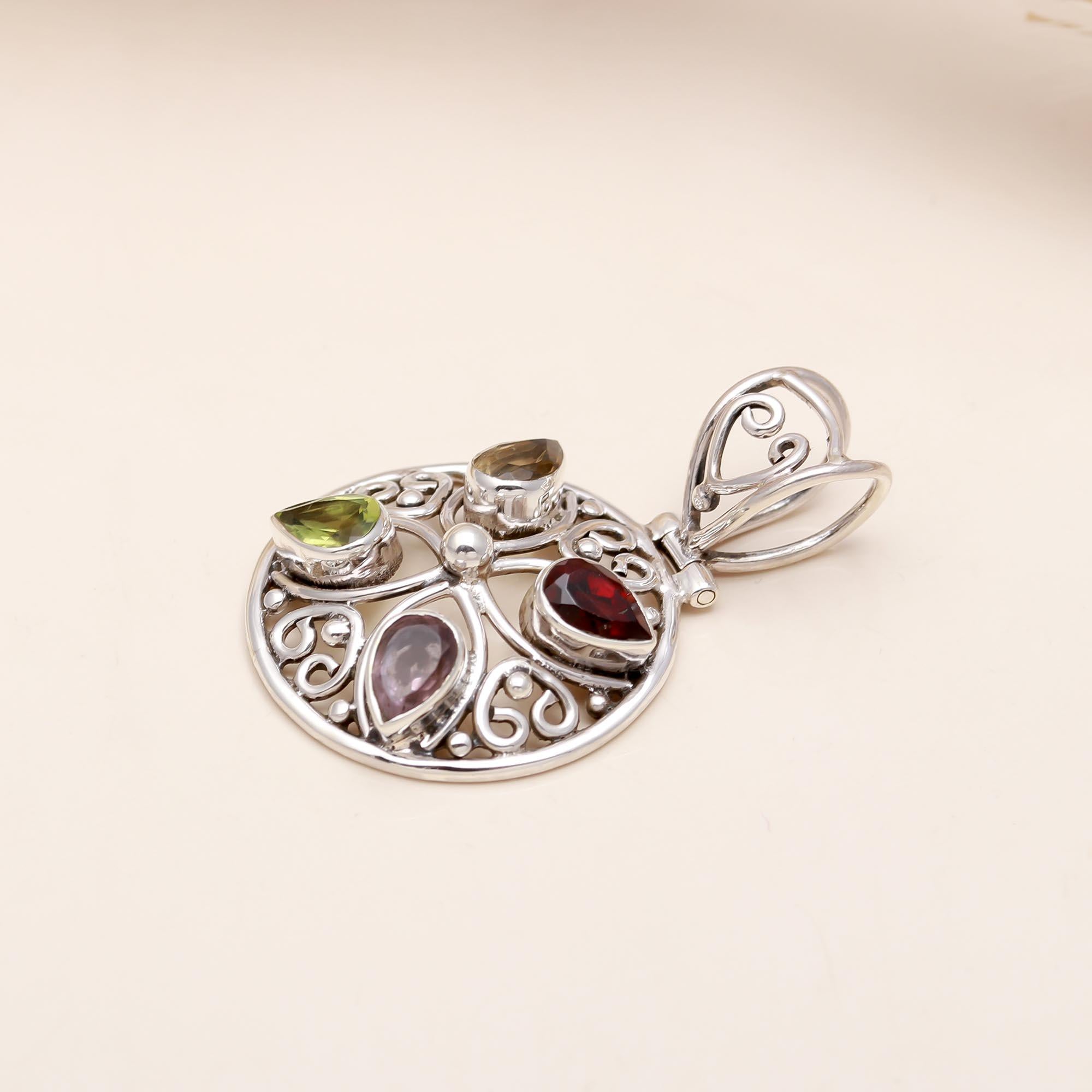 The Elemental Mosaic: Multi-Gemstone Ornate Silver Pendant