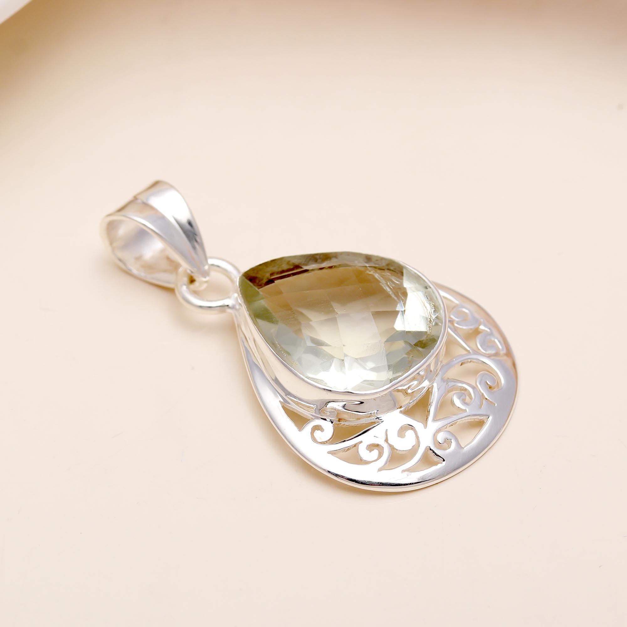 The Mint Drop: Green Amethyst Pear Filigree Pendant
