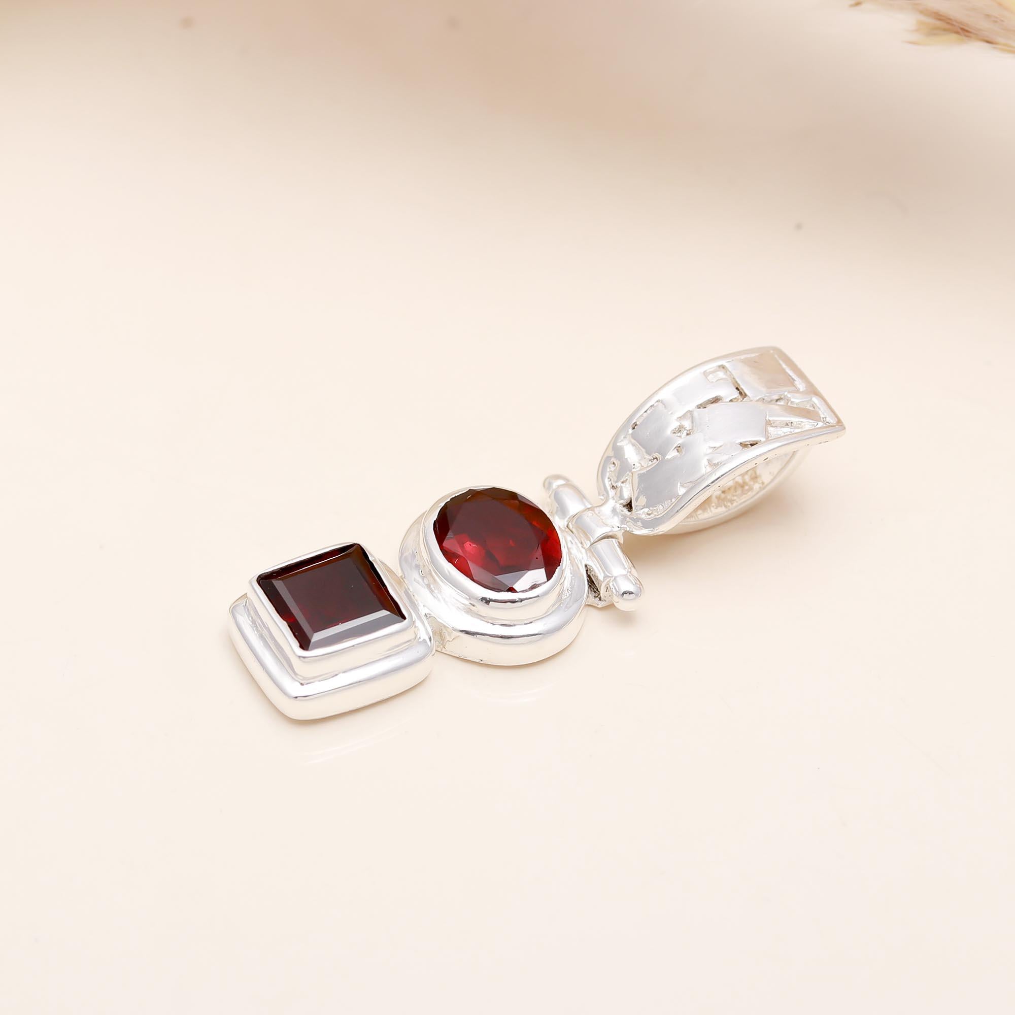 The Geometric Duo : Square & Round Garnet Drop Pendant