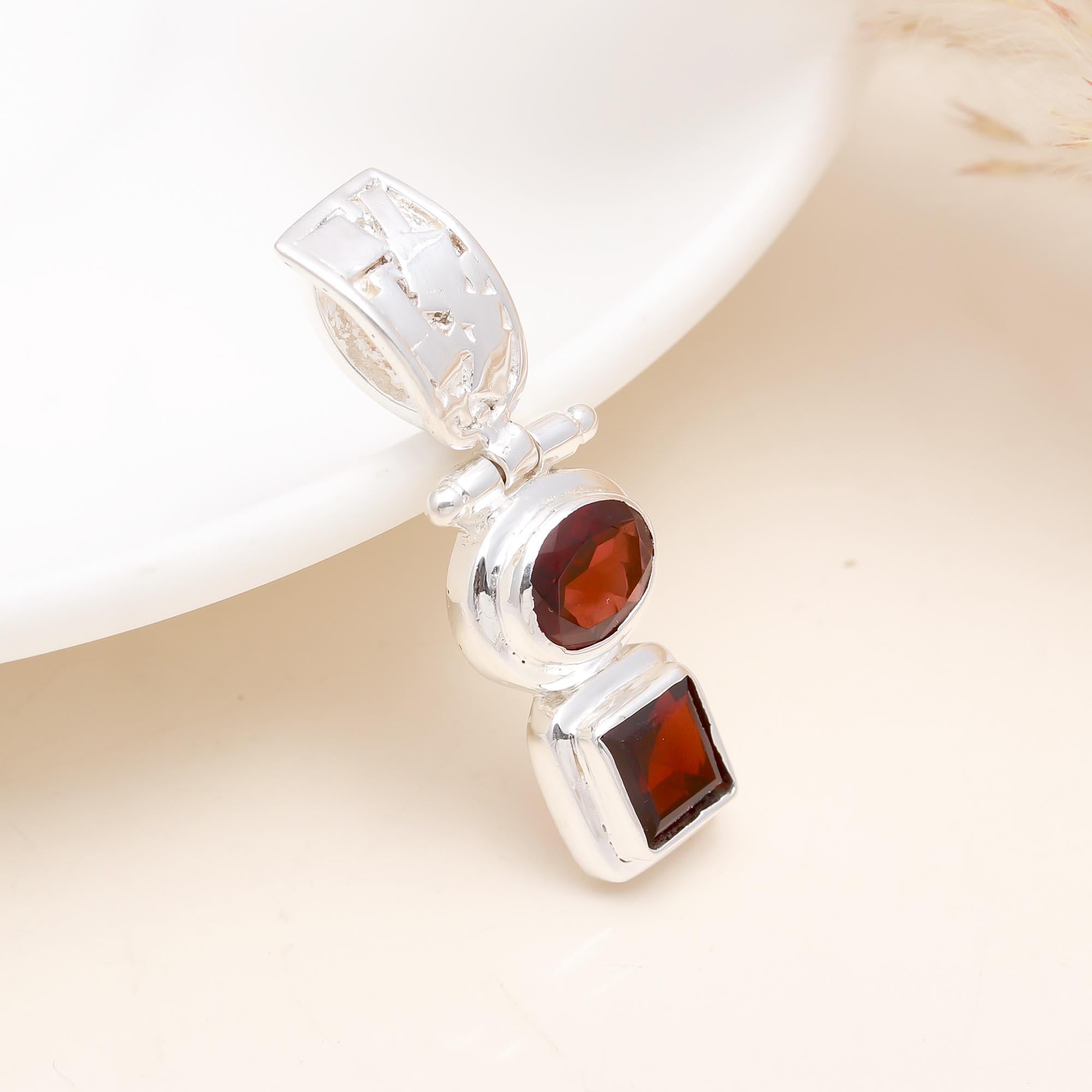The Geometric Duo : Square & Round Garnet Drop Pendant