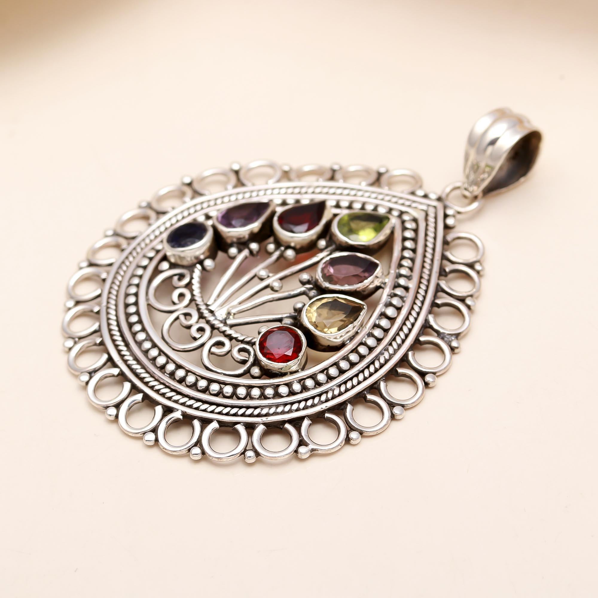 Handcrafted Sterling Silver Multigem Pendant Necklace