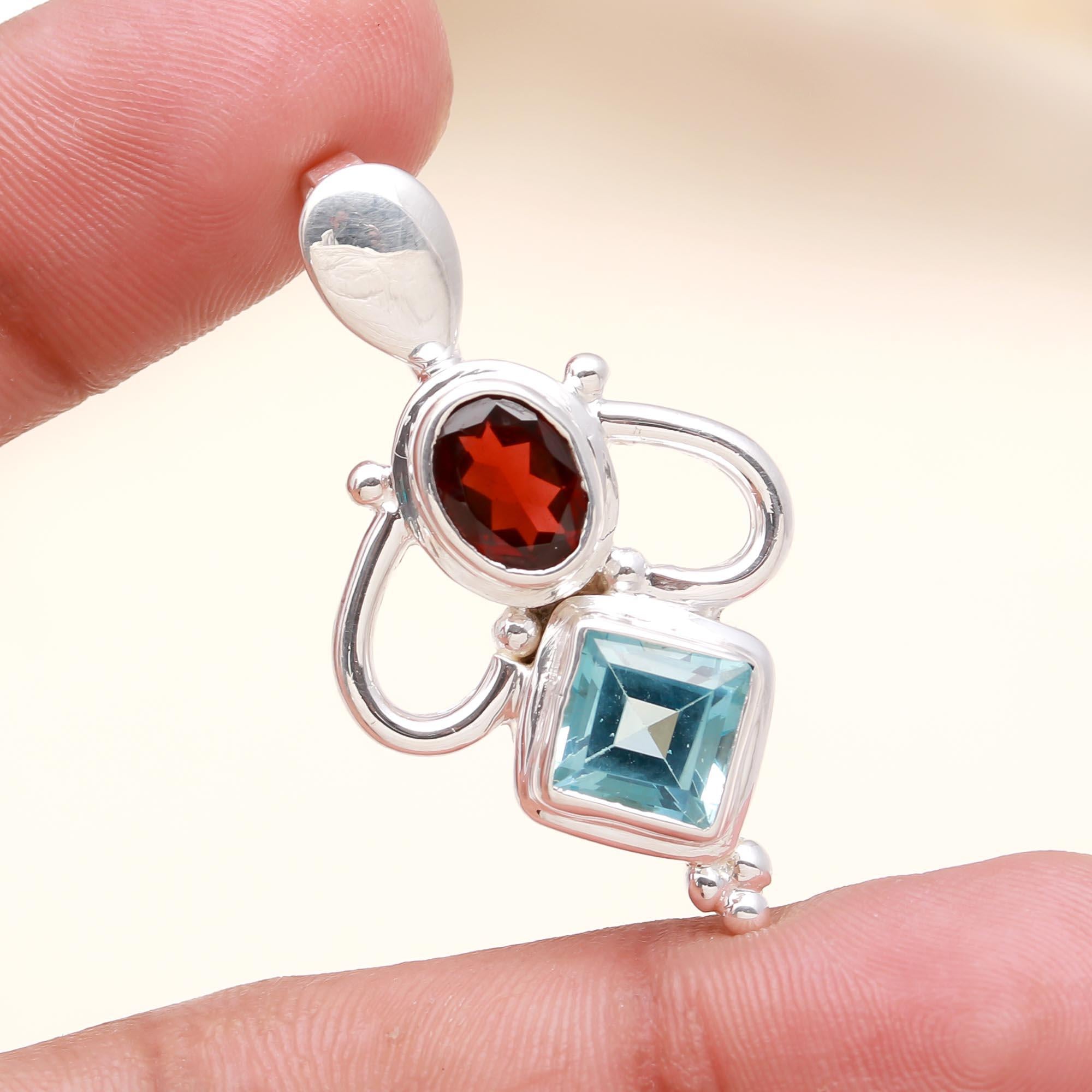 925 Sterling Silver with Blue topaz & Garnet Pendant