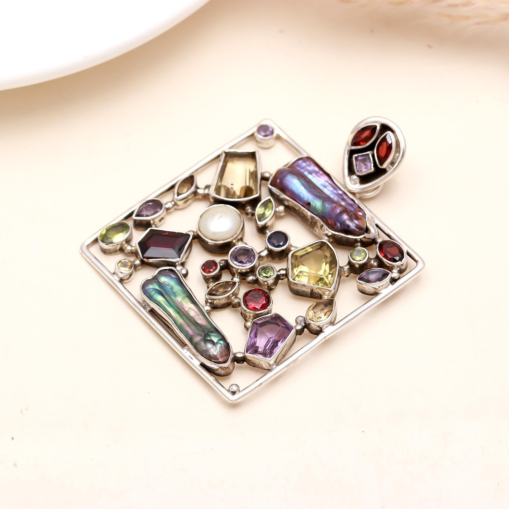 925 Sterling Silver Designer Multi-Color Gemstone Pendant Necklace