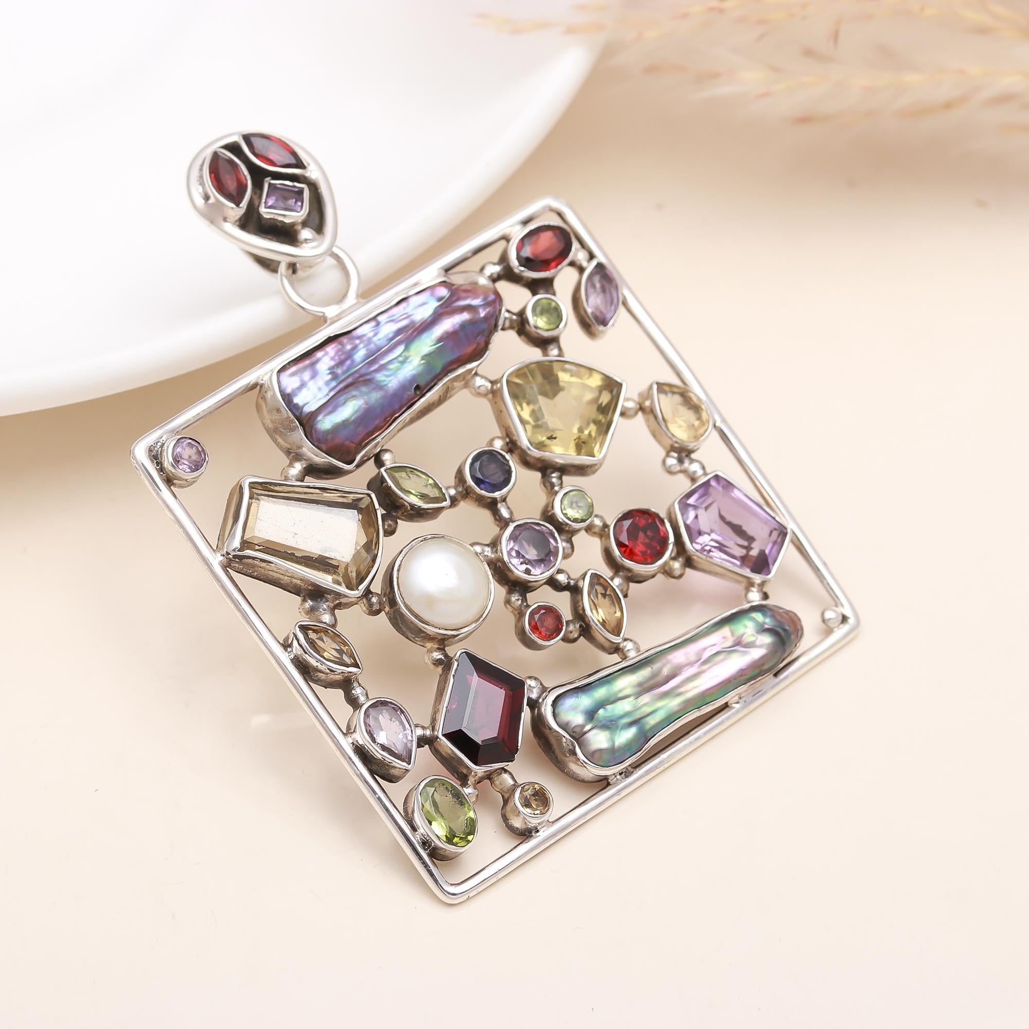 925 Sterling Silver Designer Multi-Color Gemstone Pendant Necklace