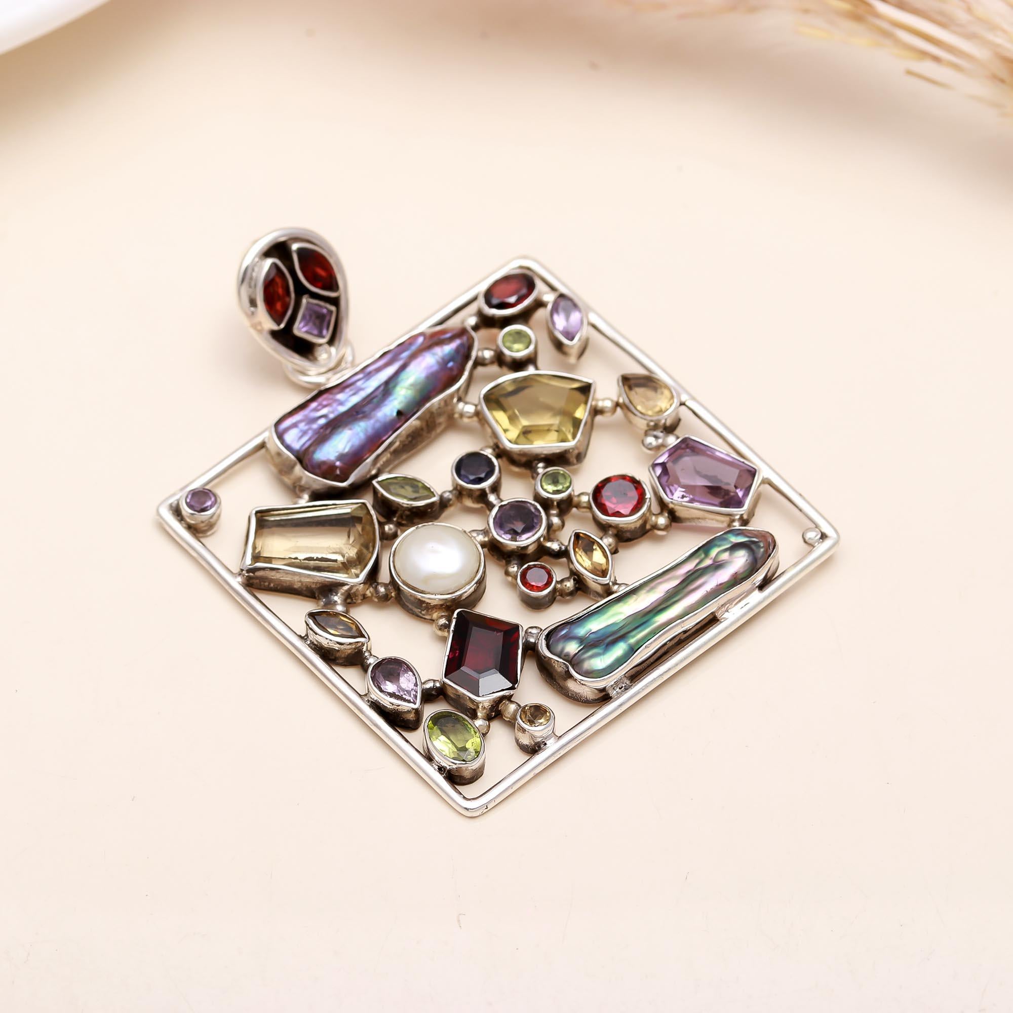 925 Sterling Silver Designer Multi-Color Gemstone Pendant Necklace