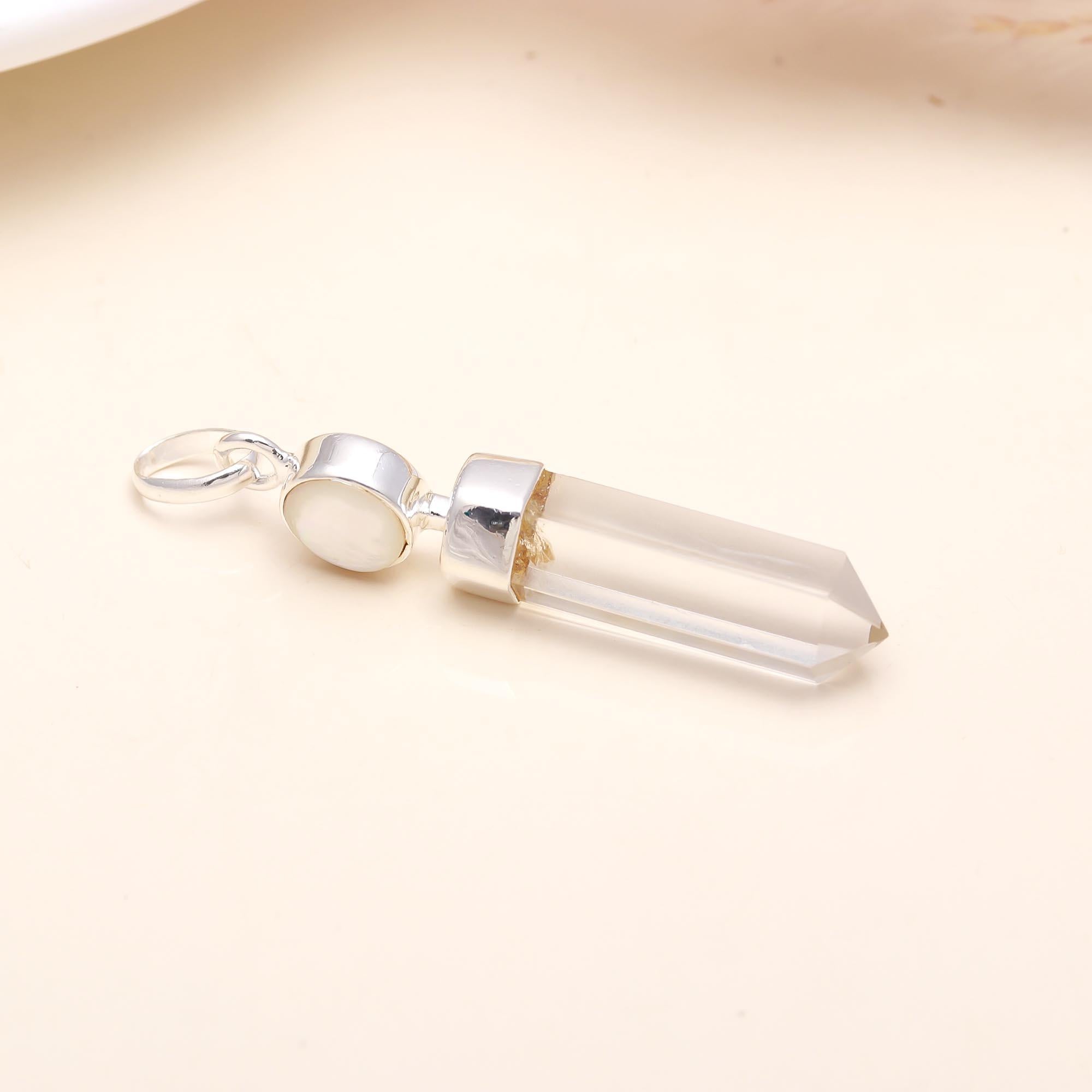 Clear Quartz Pendant with Moonstone in 925 Sterling Silver