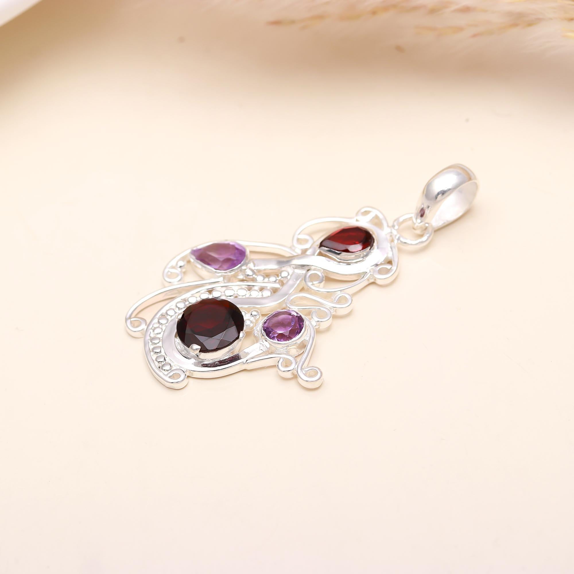 925 Sterling Silver Amethyst and Garnet Pendant