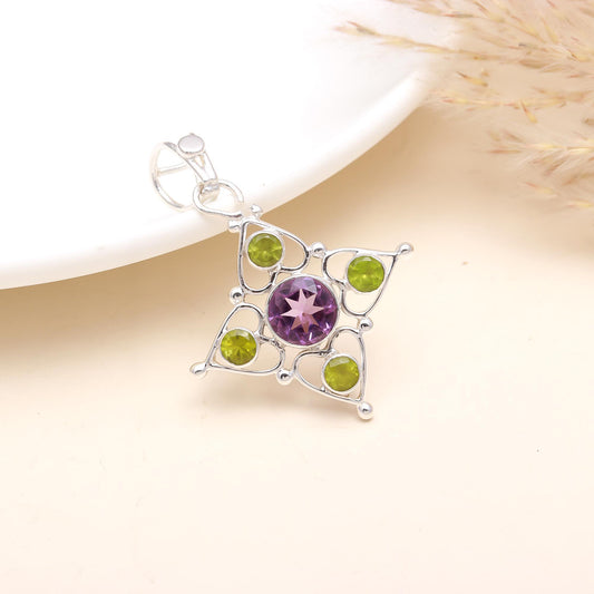 Green Purple Amethyst Peridot Silver Pendant