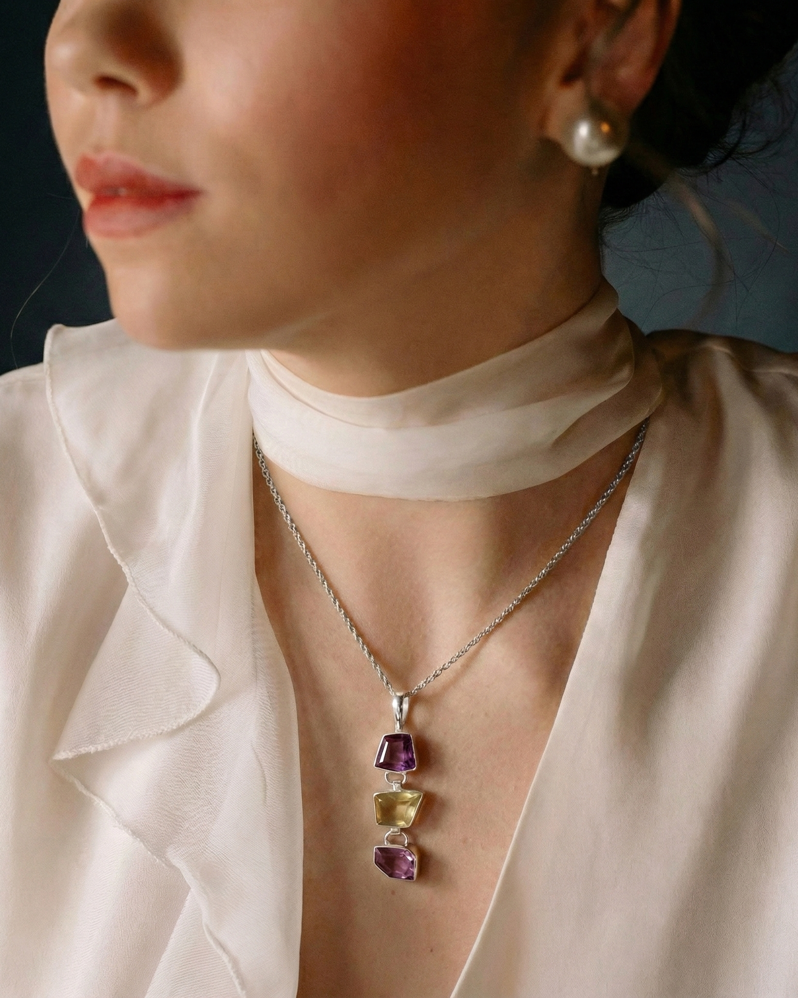 The Geometric Cascade: Amethyst & Lemon Quartz Silver Pendant