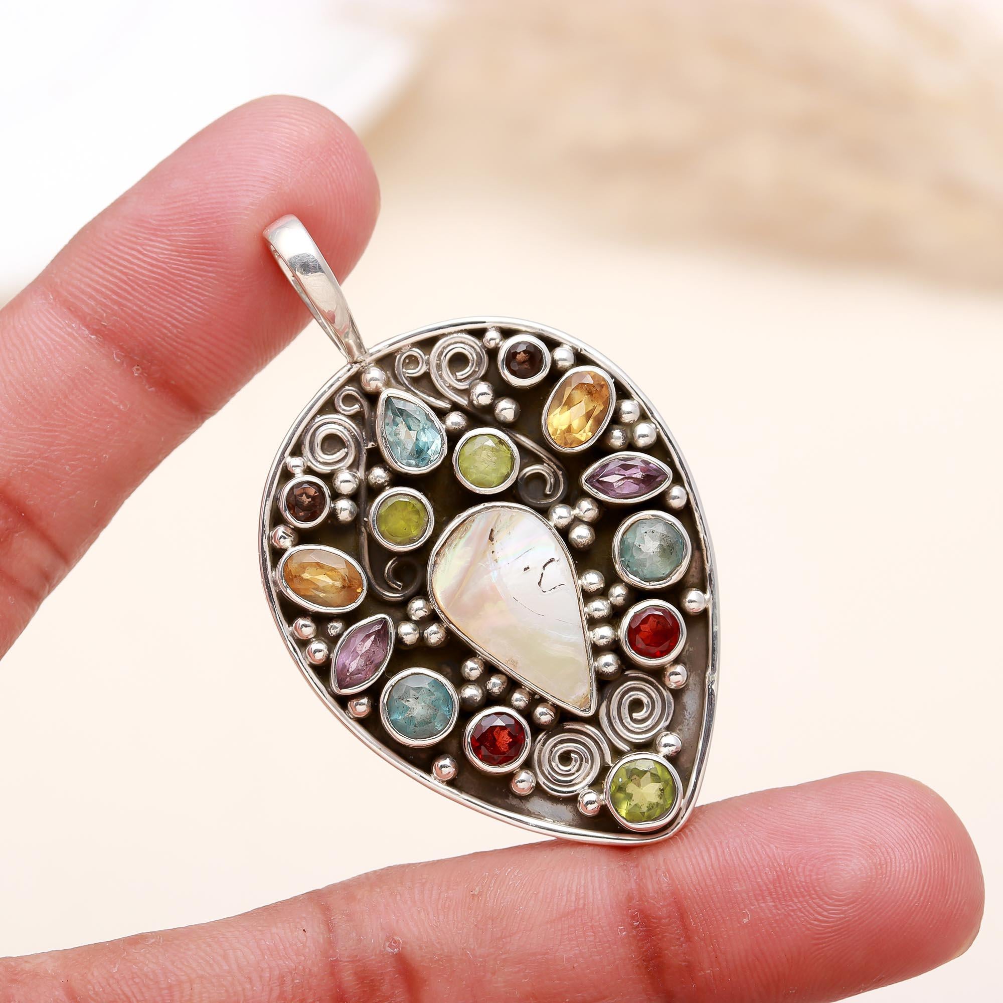 Silver PAAN Shape Multicolor Stone Pendant