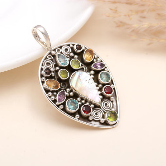 Silver PAAN Shape Multicolor Stone Pendant