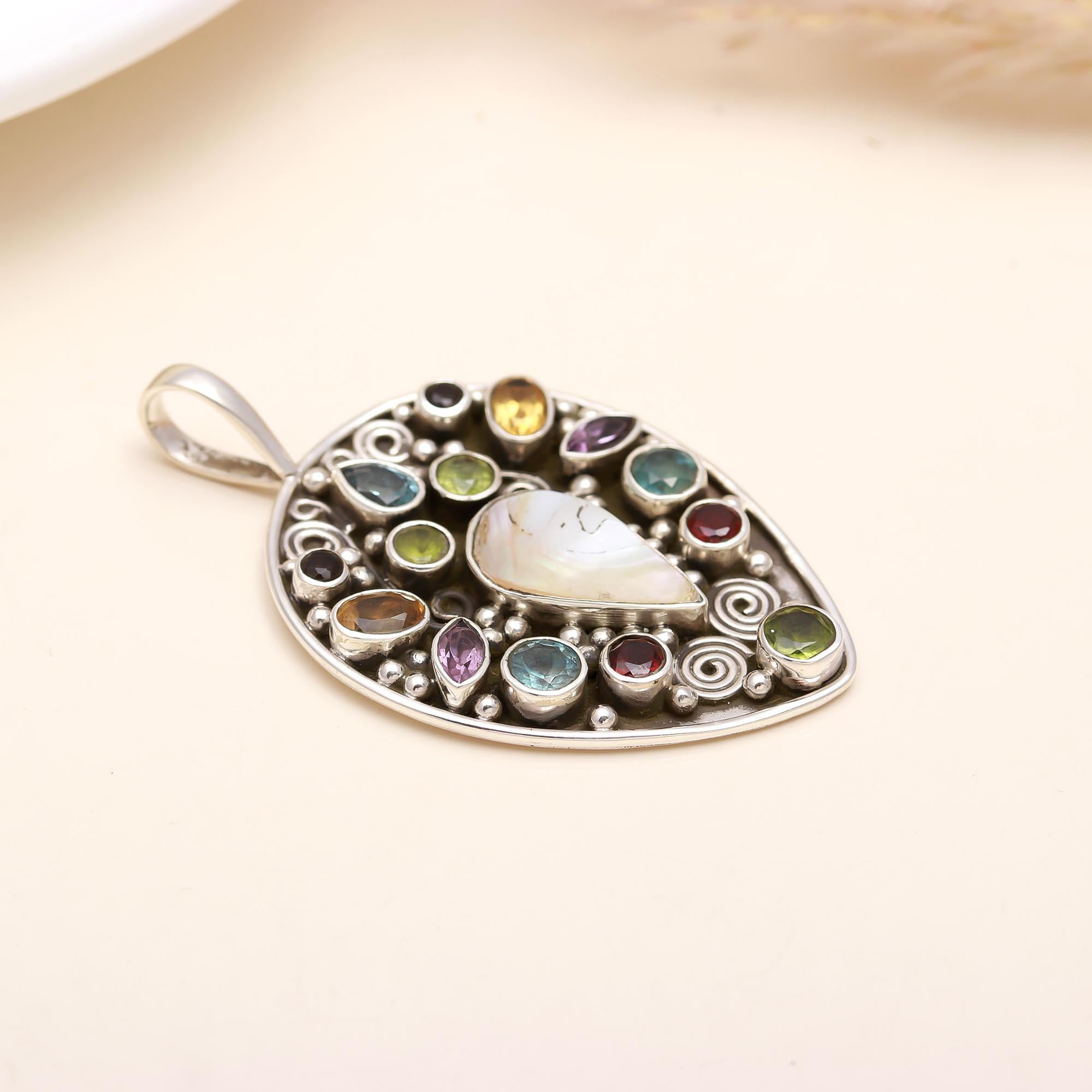Silver PAAN Shape Multicolor Stone Pendant