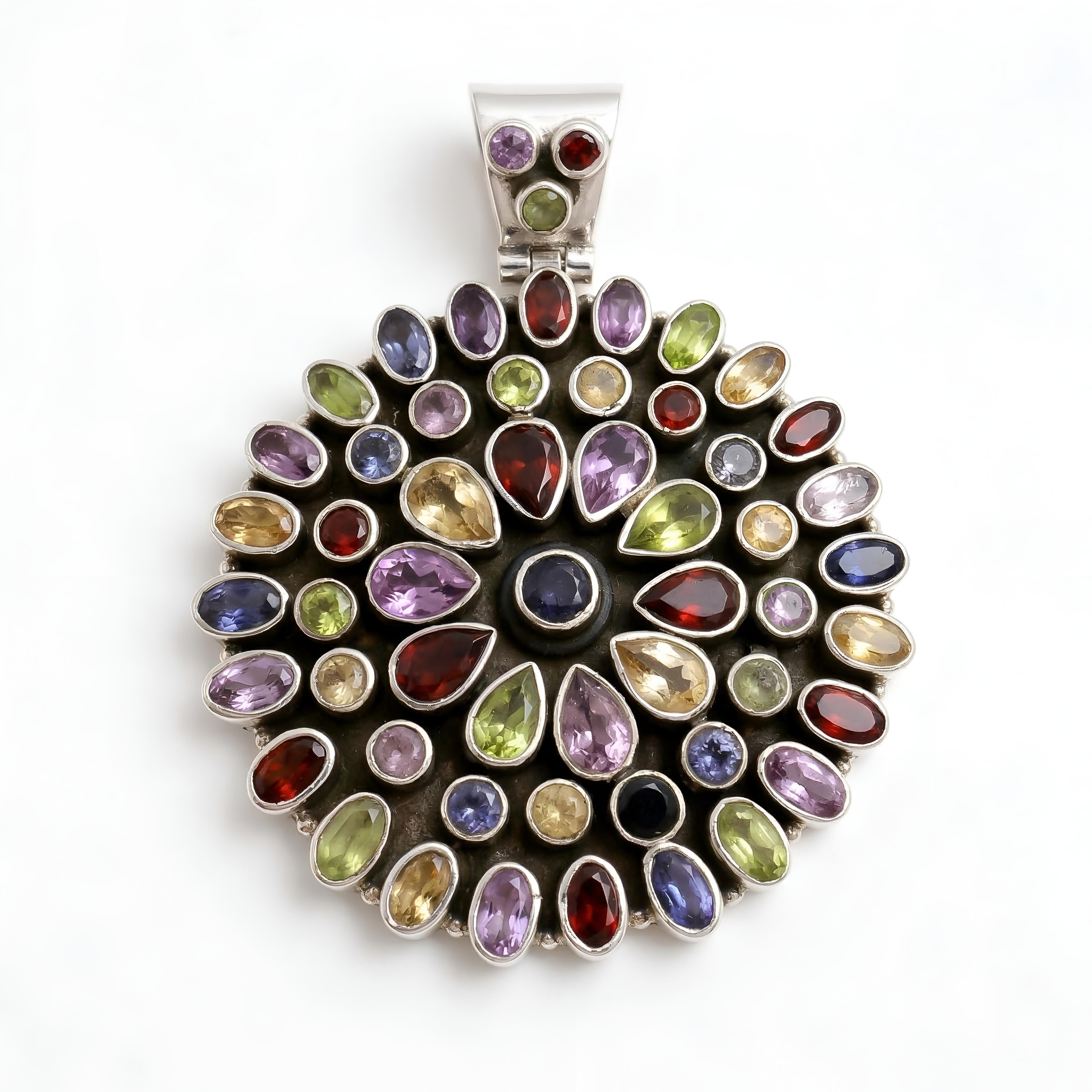 The Kaleidoscope Sunburst: Multi-Gemstone Silver Pendant