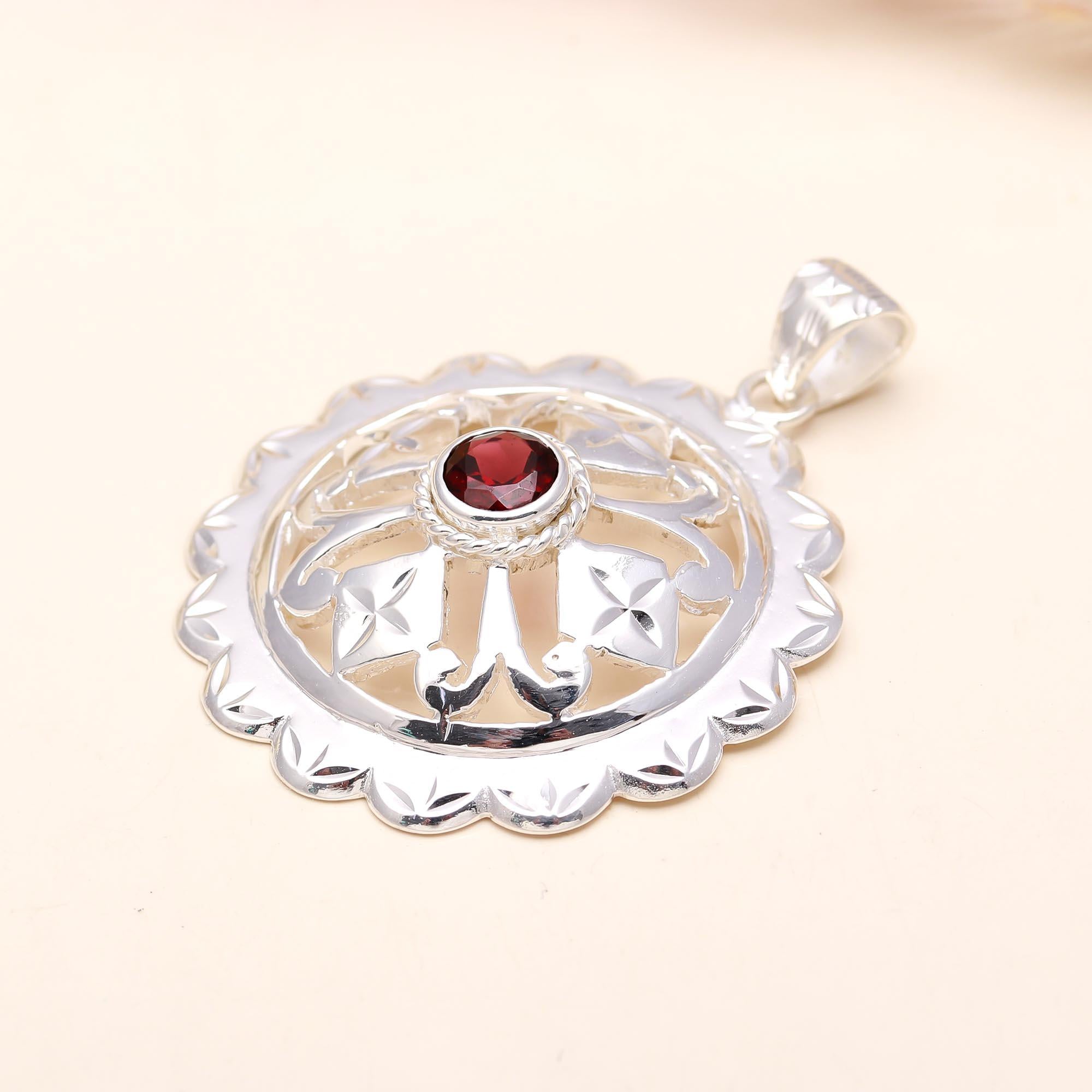 Vintage Red Garnet Floral Sterling Silver Pendant